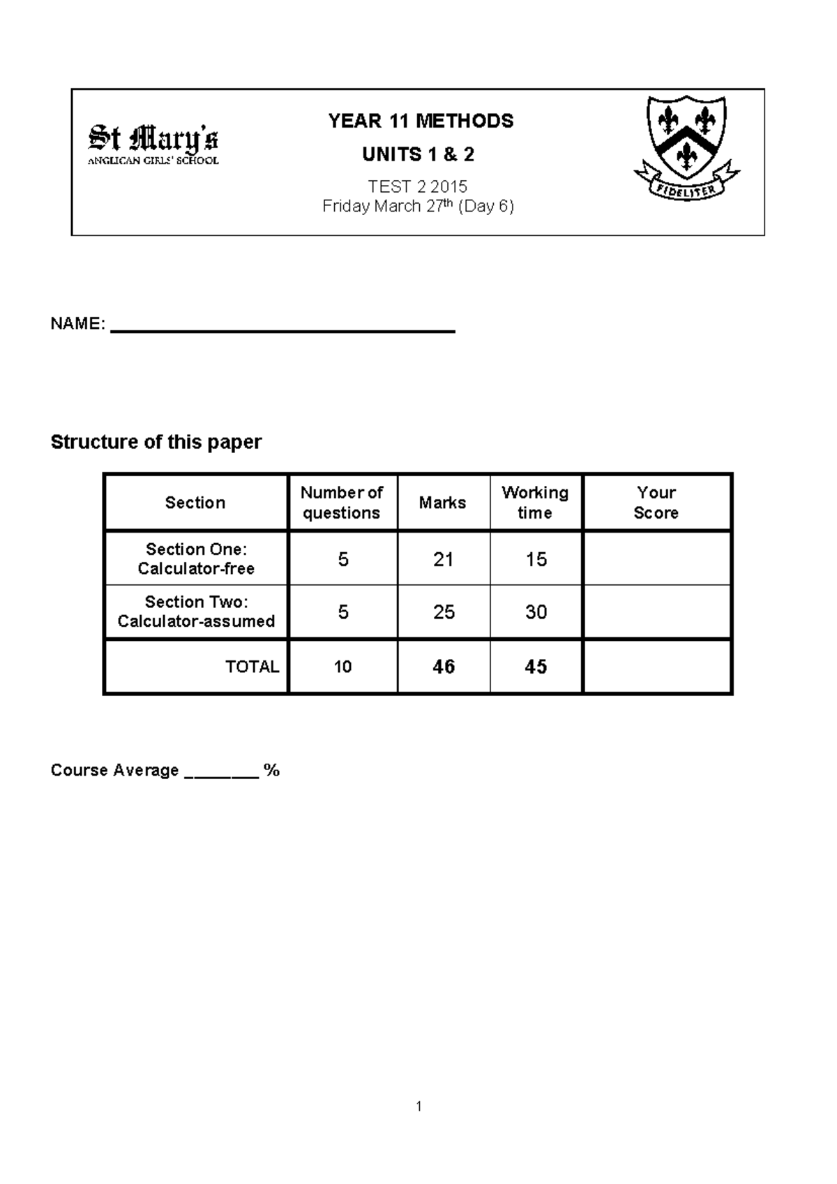 Test 2 - year 11 unit 1 trig and functions - YEAR 11 METHODS UNITS 1 ...