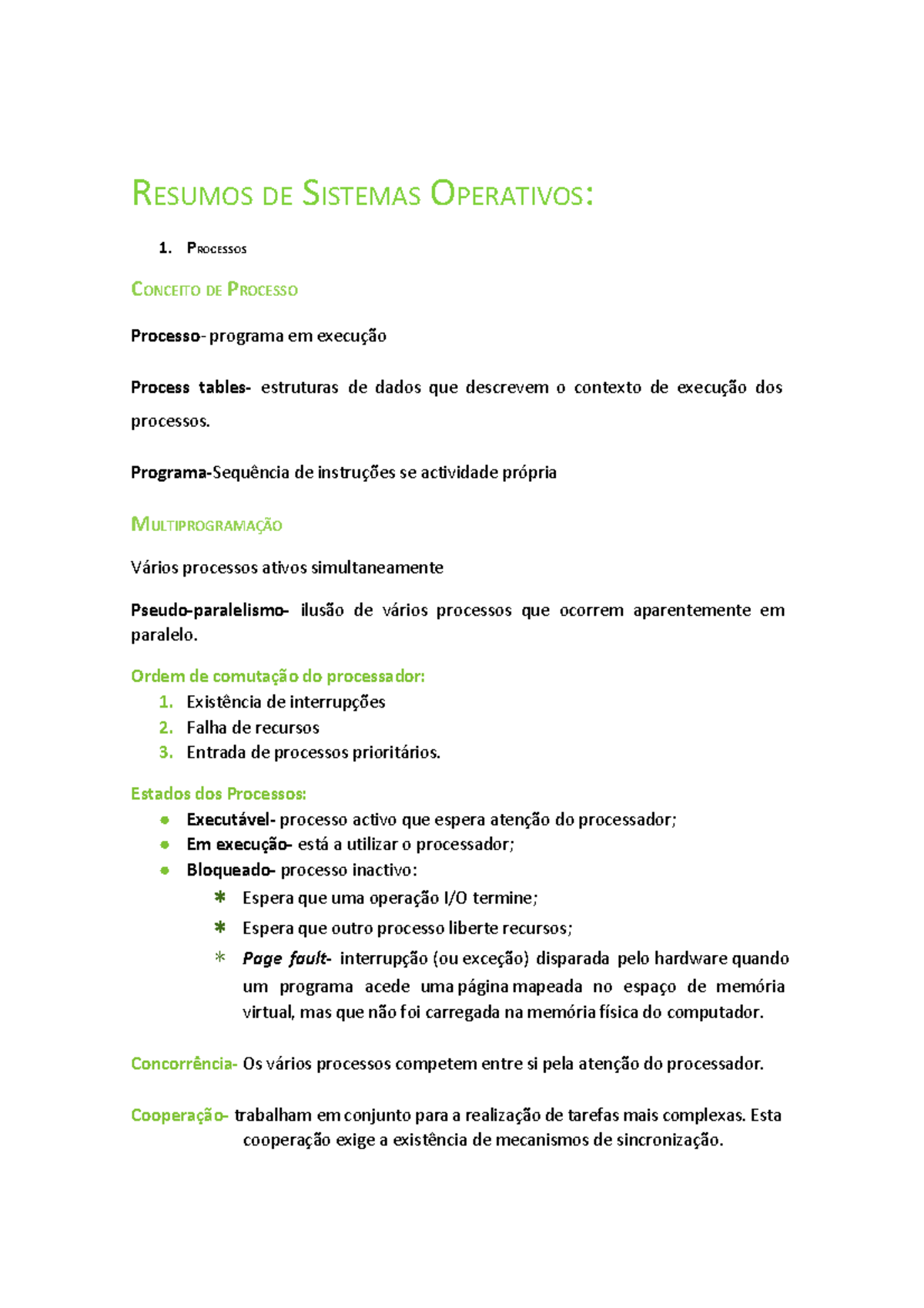 Resumos de Sistemas Operativos - Conceitos e Processos Essenciais - Document Preview