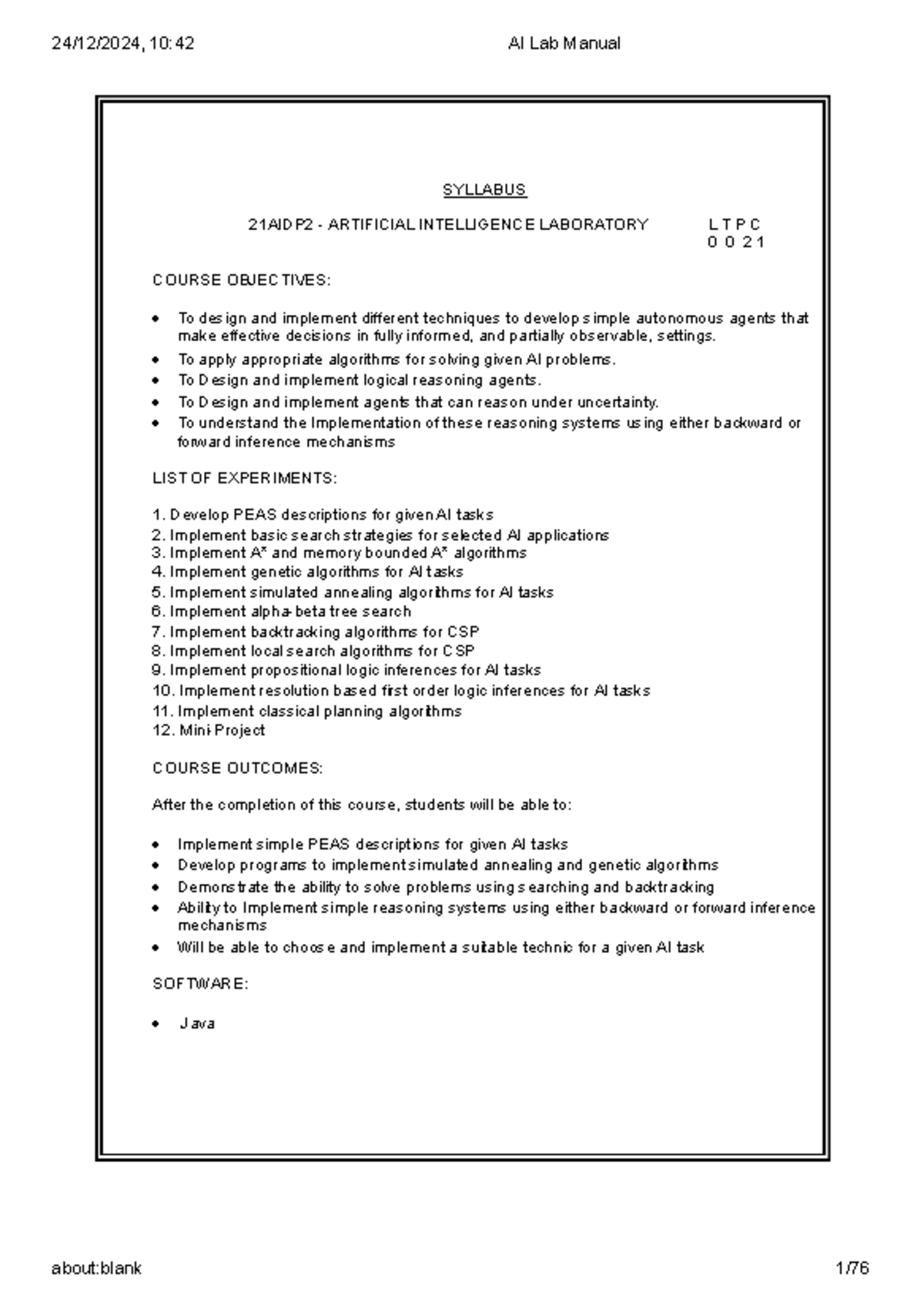 AI Lab Manual (21AIDP2) - Experiments and Key Concepts - Studocu