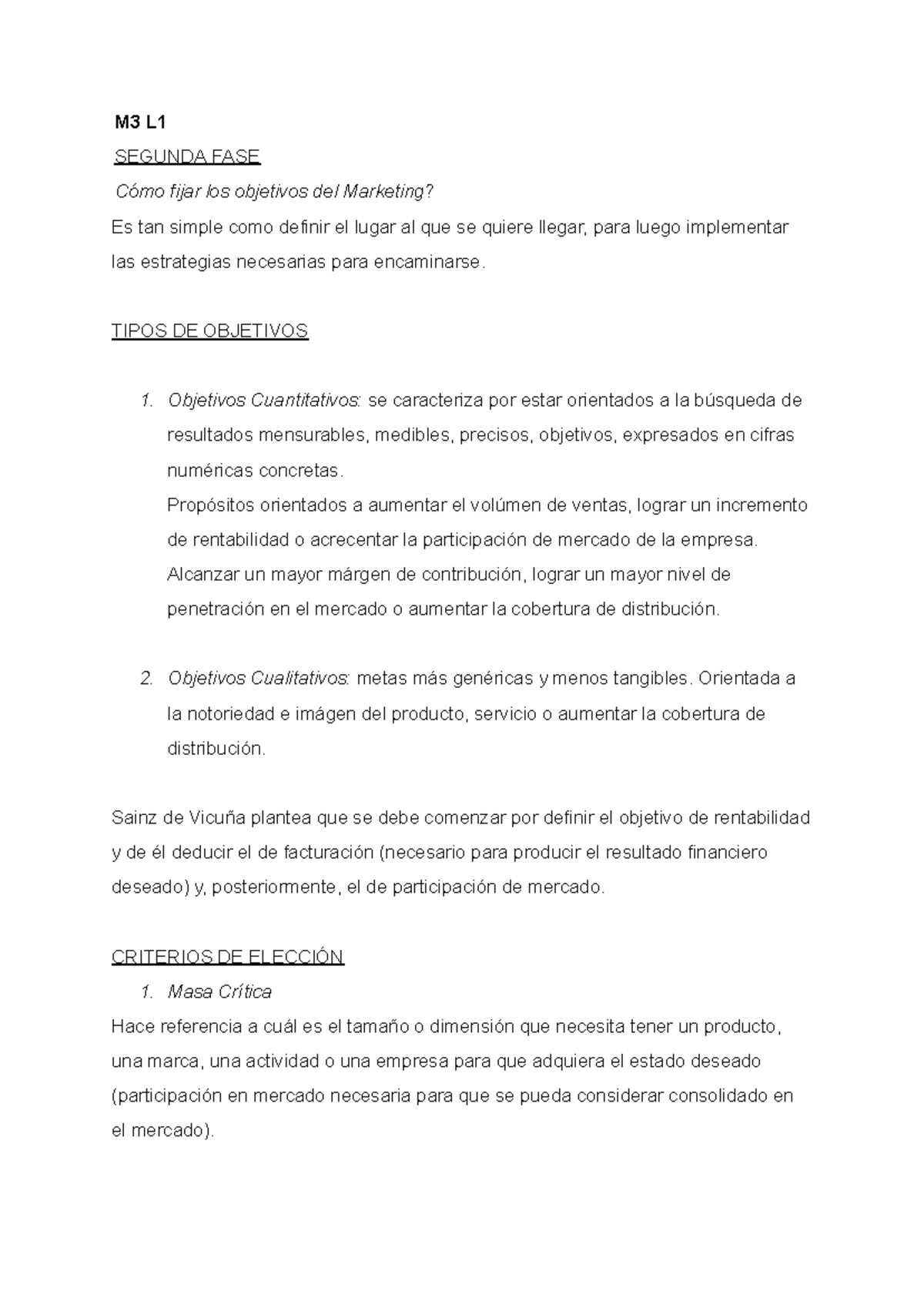 Resumen M3-M4: Objetivos y Estrategias en el Plan de Marketing - Studocu