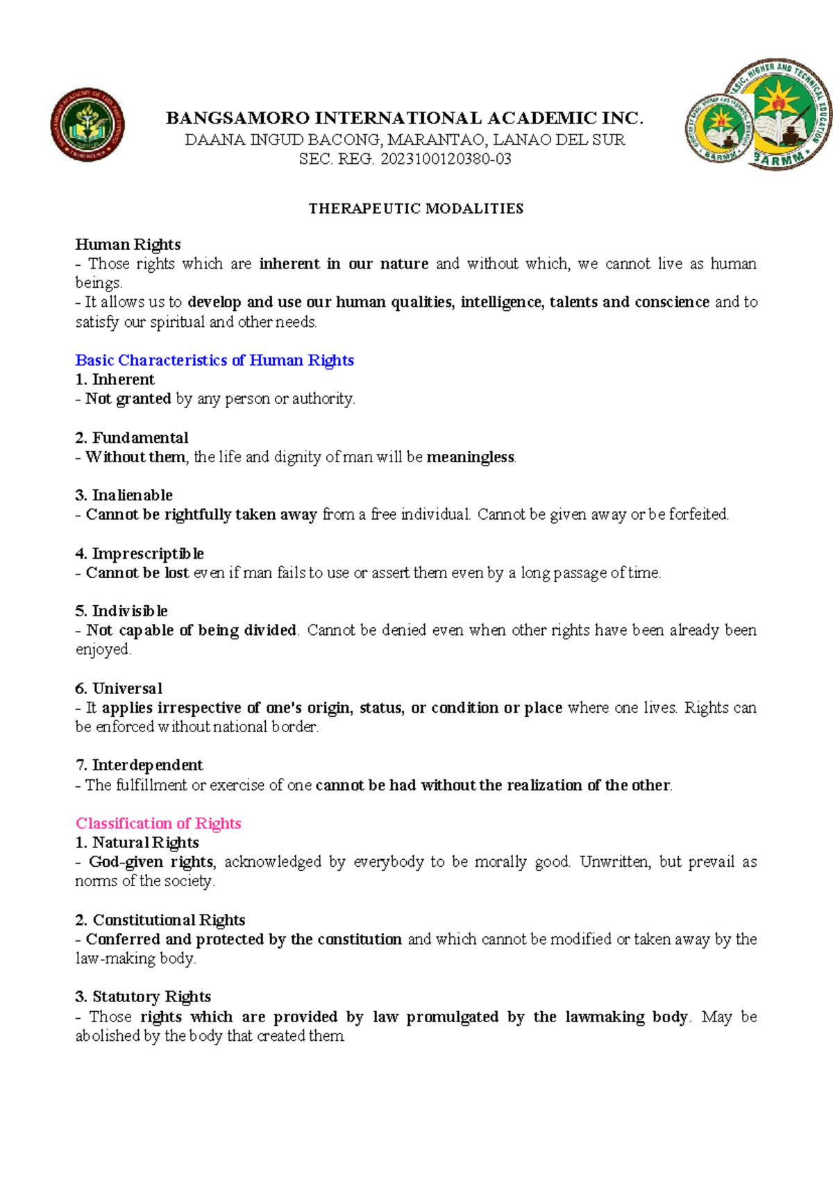 COR-AD 103 - Human Rights and Therapeutic Modalities Overview - Studocu