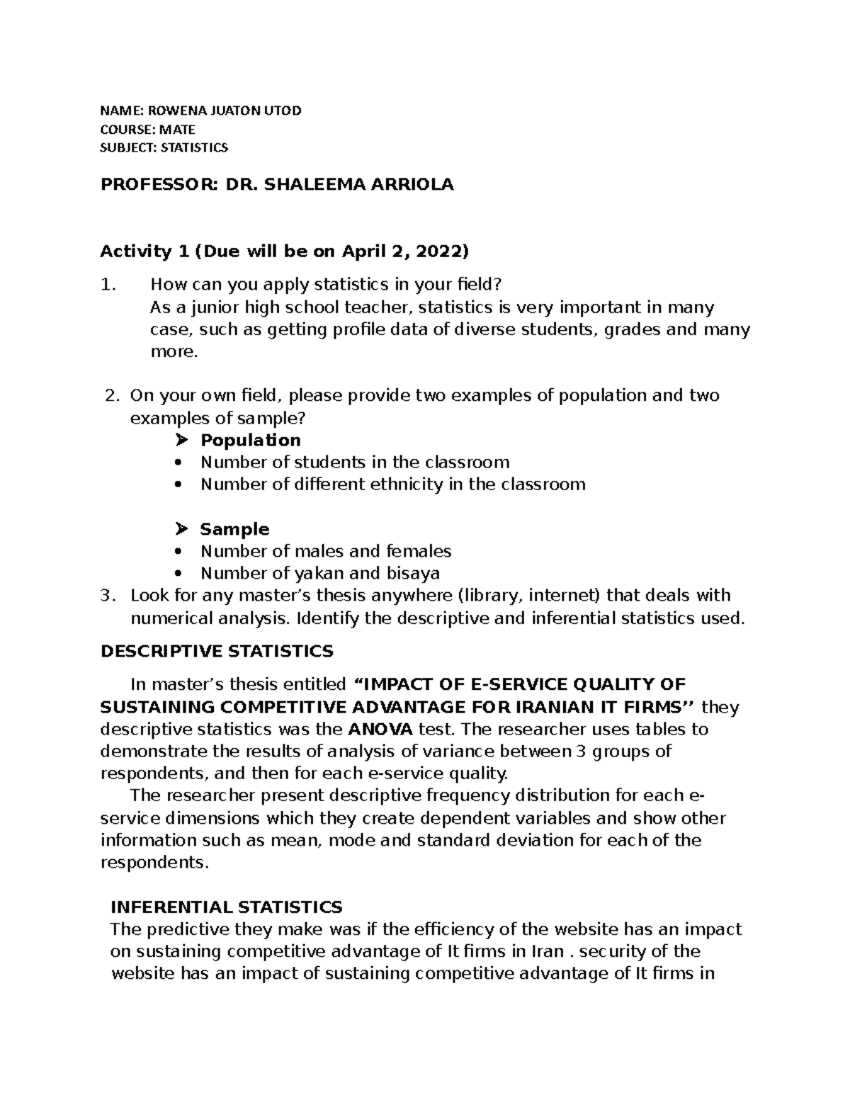 Nature of statistics - master - NAME: ROWENA JUATON UTOD COURSE: MATE ...