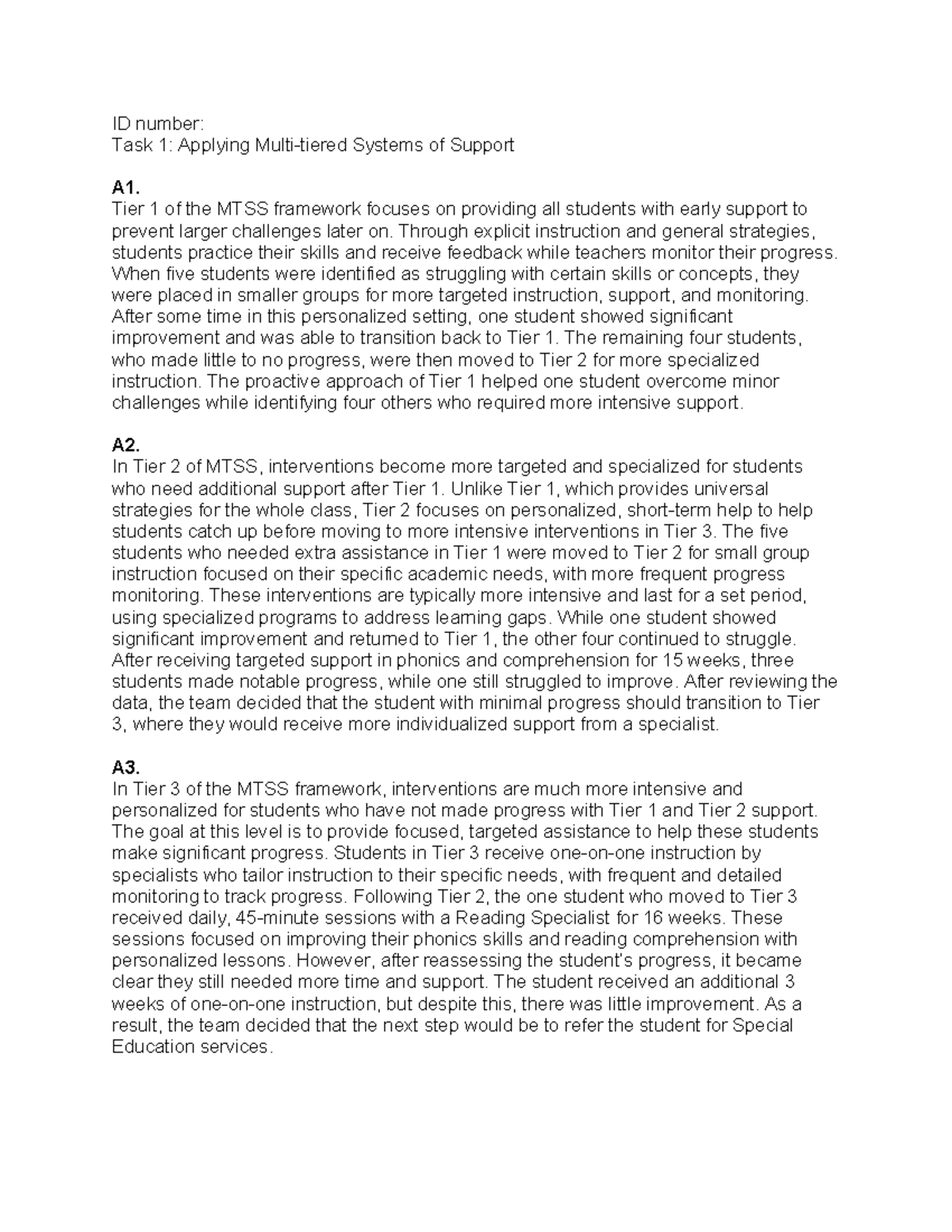T1 - Task 1: Applying MTSS Framework - Tiers 1, 2, and 3 Analysis - Studocu