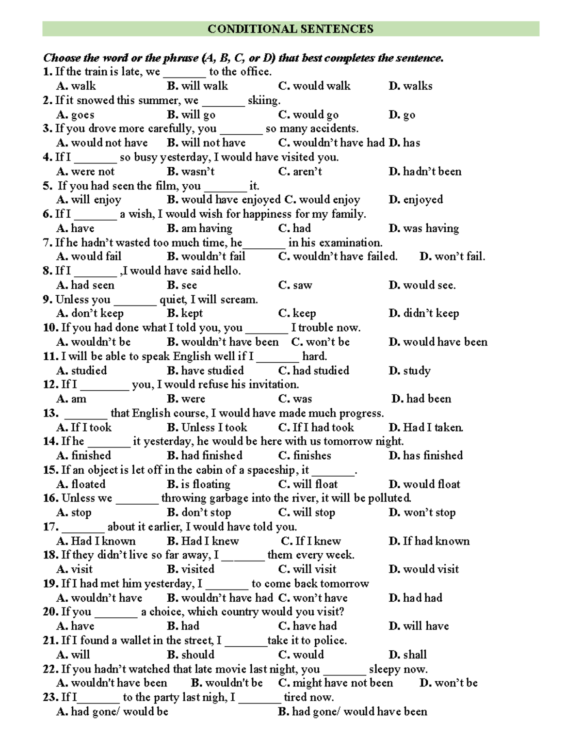 Conditional Sentences Practice Questions for English 101 - Studocu
