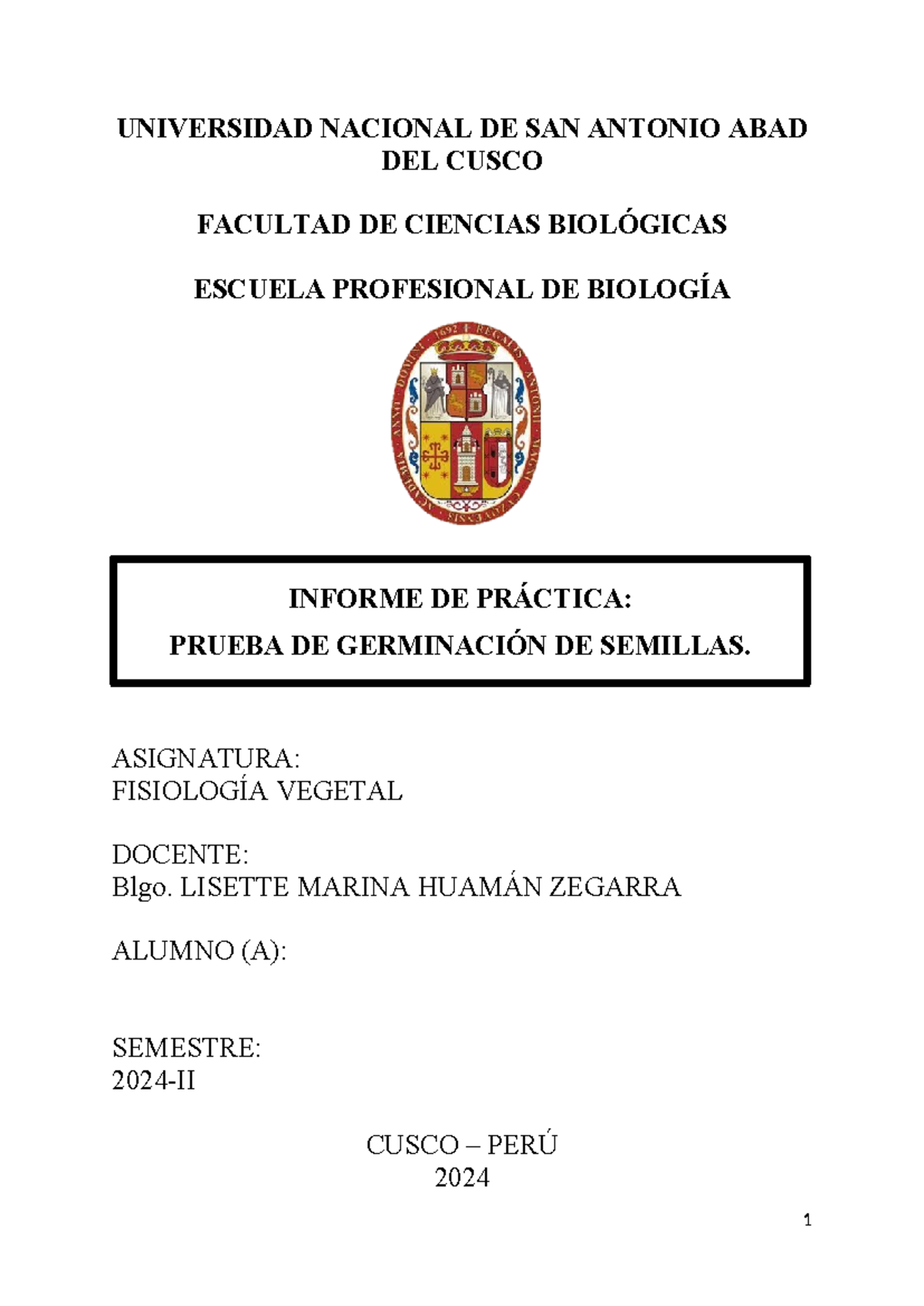 Práctica N° 01: Prueba de Germinación de Semillas en Fisiología Vegetal - 2024-II - Document Preview