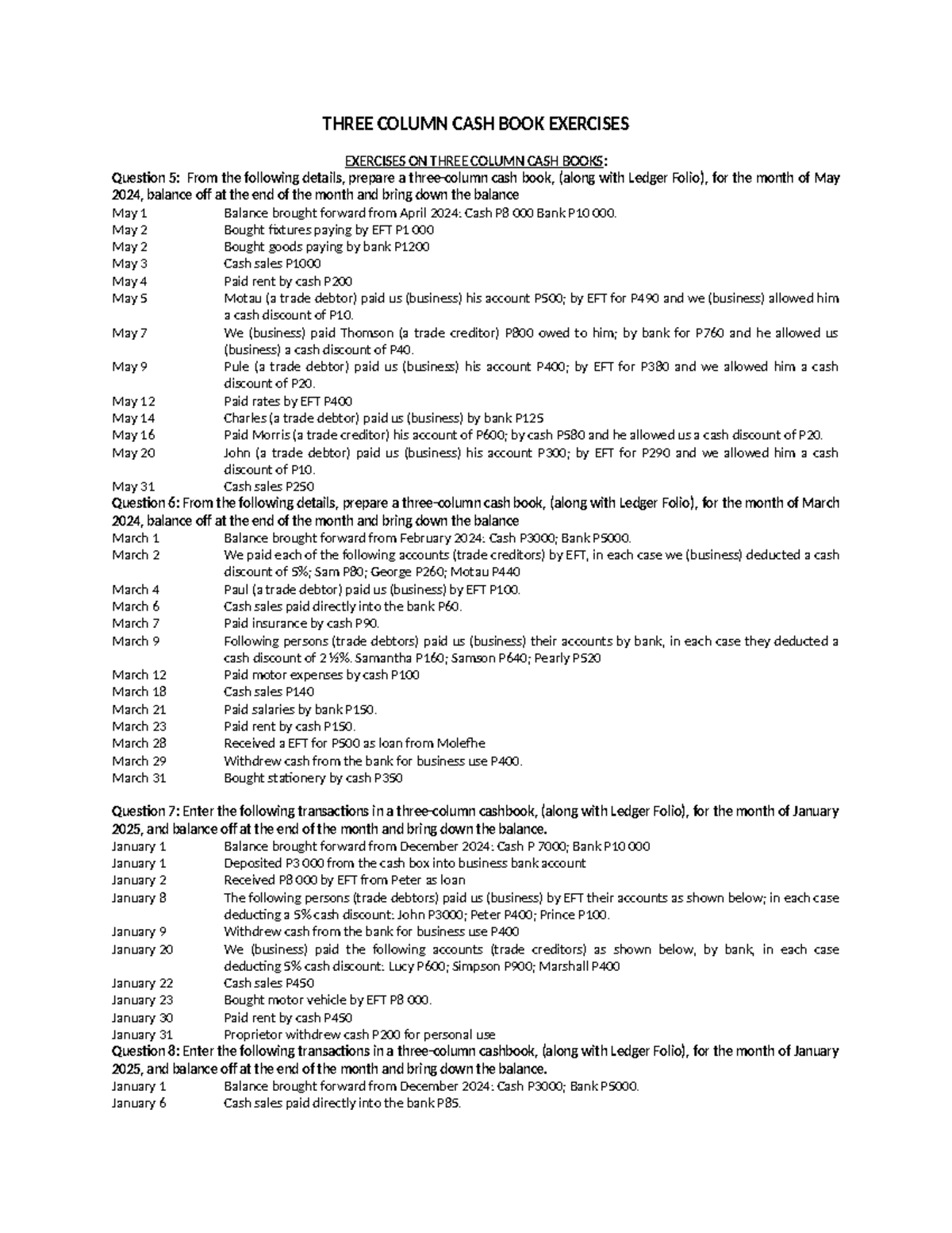 Three Column Cash Book Exercises: Solutions for May 2024 to Jan 2025 ...