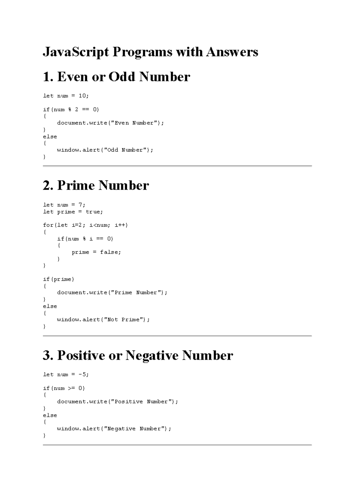 JavaScript Programs with Solutions: Even/Odd, Prime, and More - Studocu