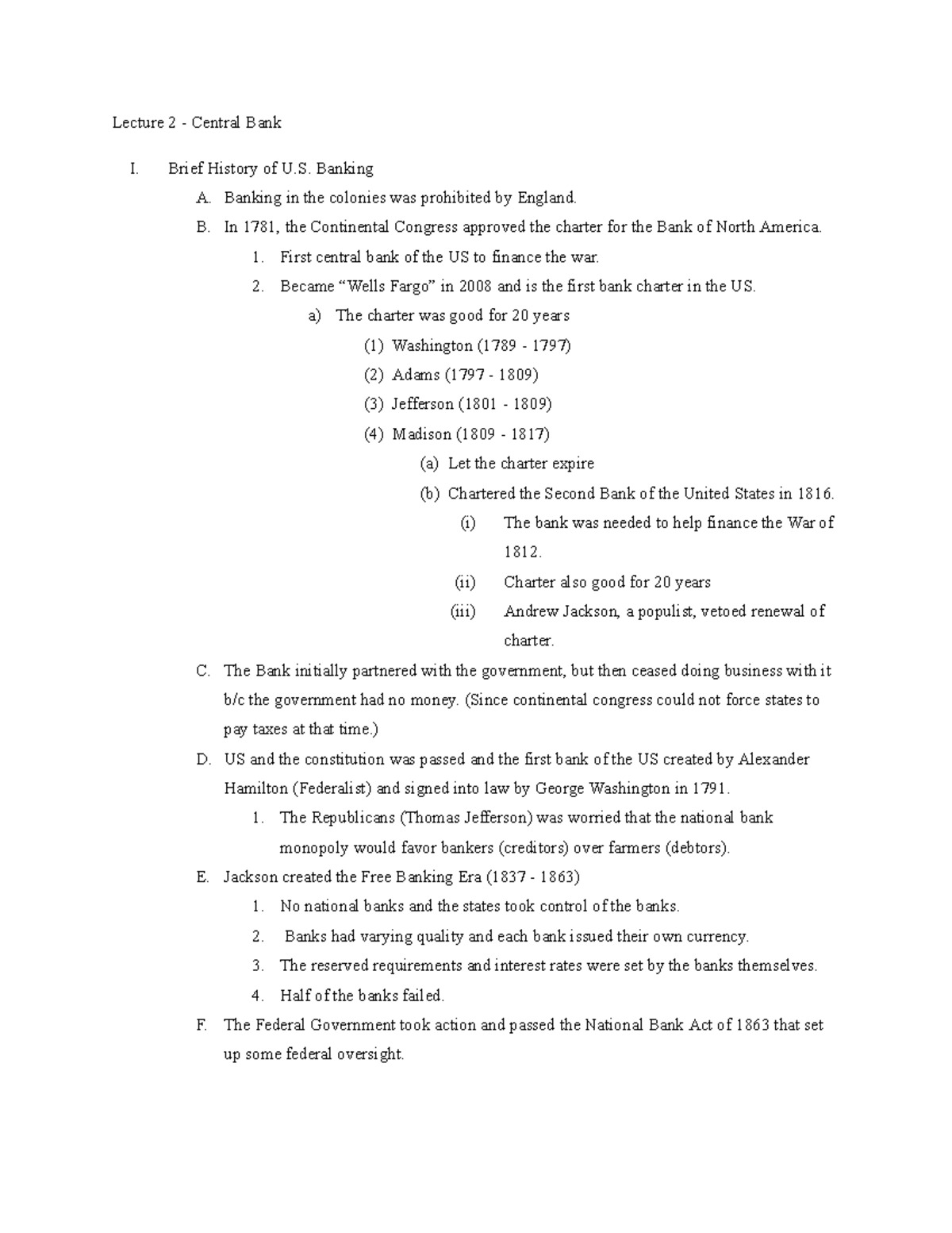 Econ Class Notes: Lecture 2 - Evolution of U.S. Central Banking - Studocu