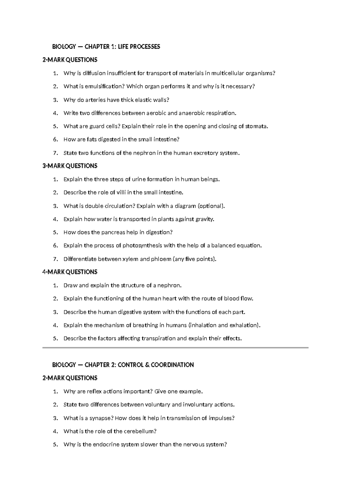 BIOLOGY CHAPTERS 1-6: LIFE PROCESSES, CONTROL, REPRODUCTION & RESOURCES ...