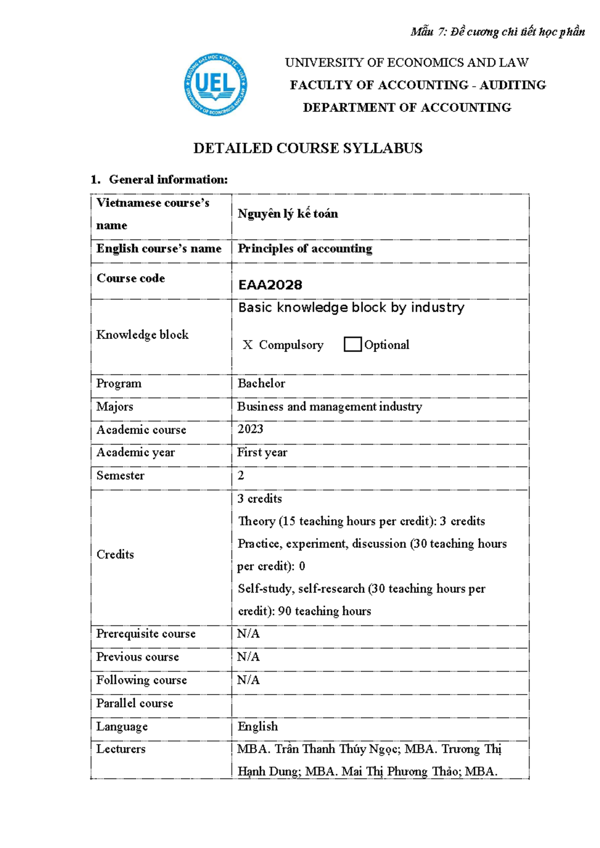 EAA2028 - Detailed Course Syllabus for Principles of Accounting - Studocu