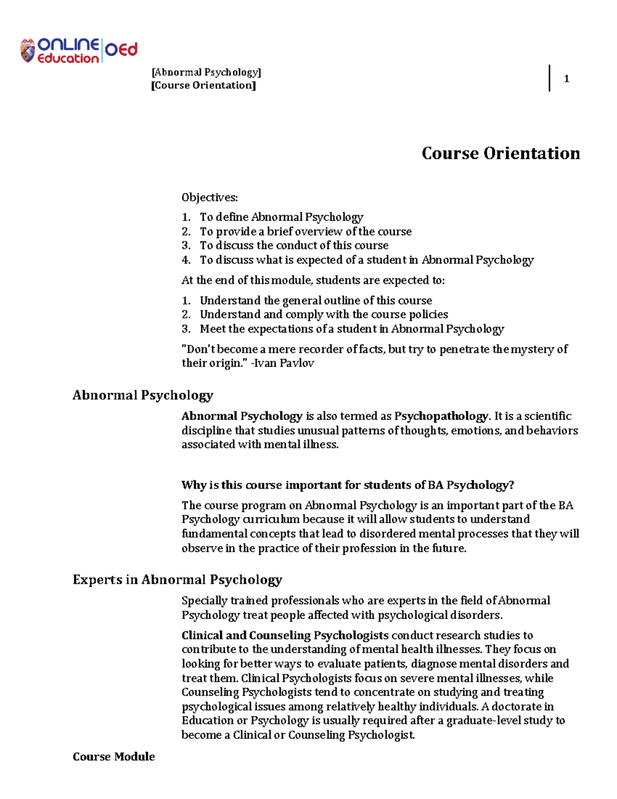 [Abnormal Psychology 1 - [Abnormal Psychology] [Course Orientation] 1 ...