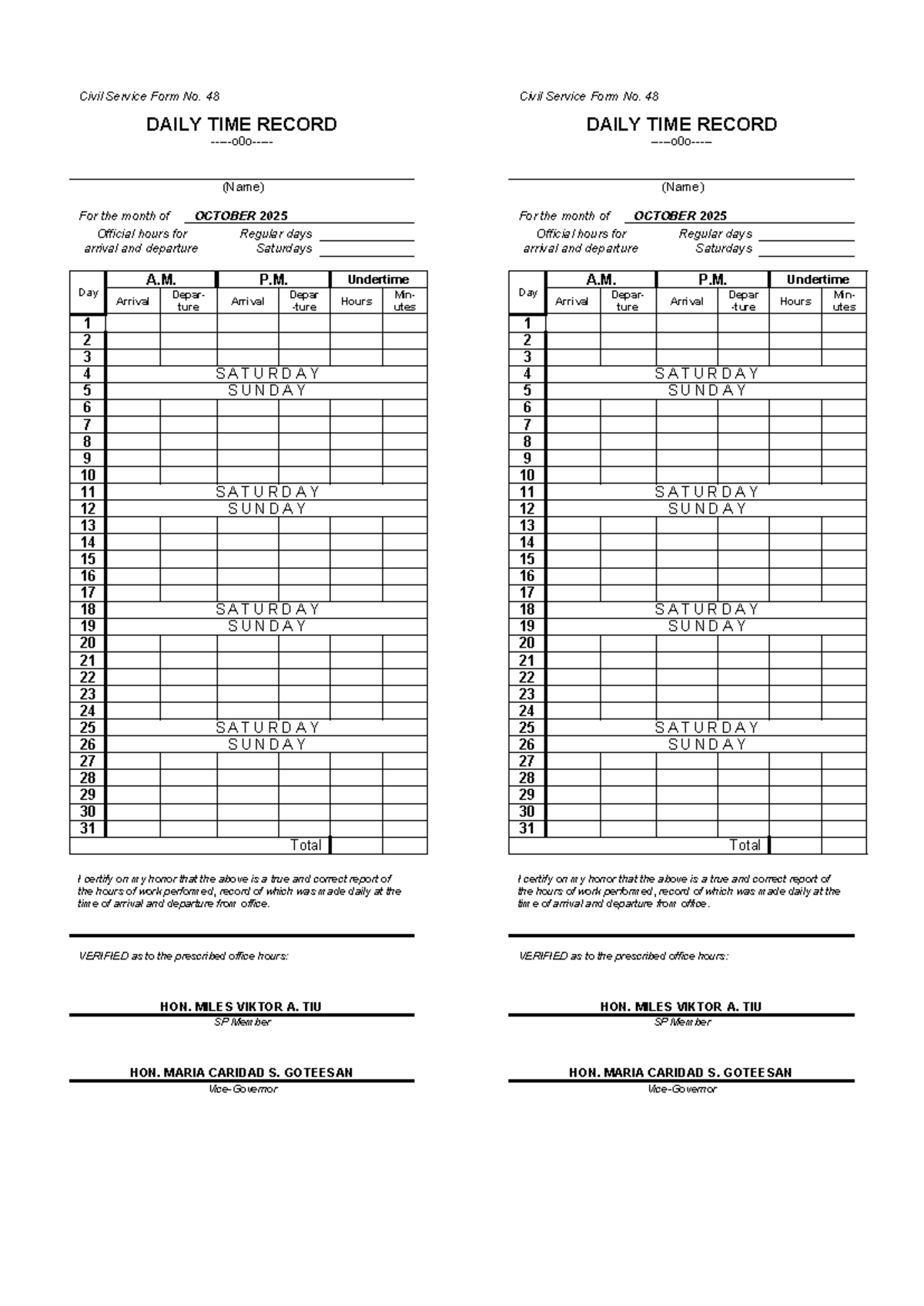Civil Service Form No. 48: Daily Time Record for October 2025 - Studocu