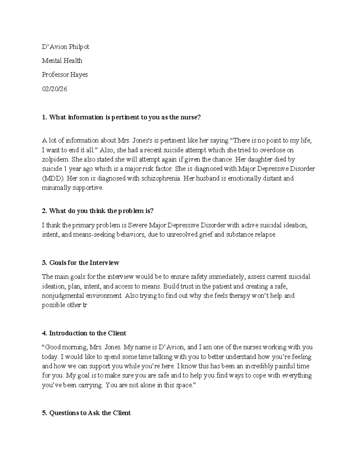 Major Depression Disorder Case Study: Insights for Nursing Care - Studocu