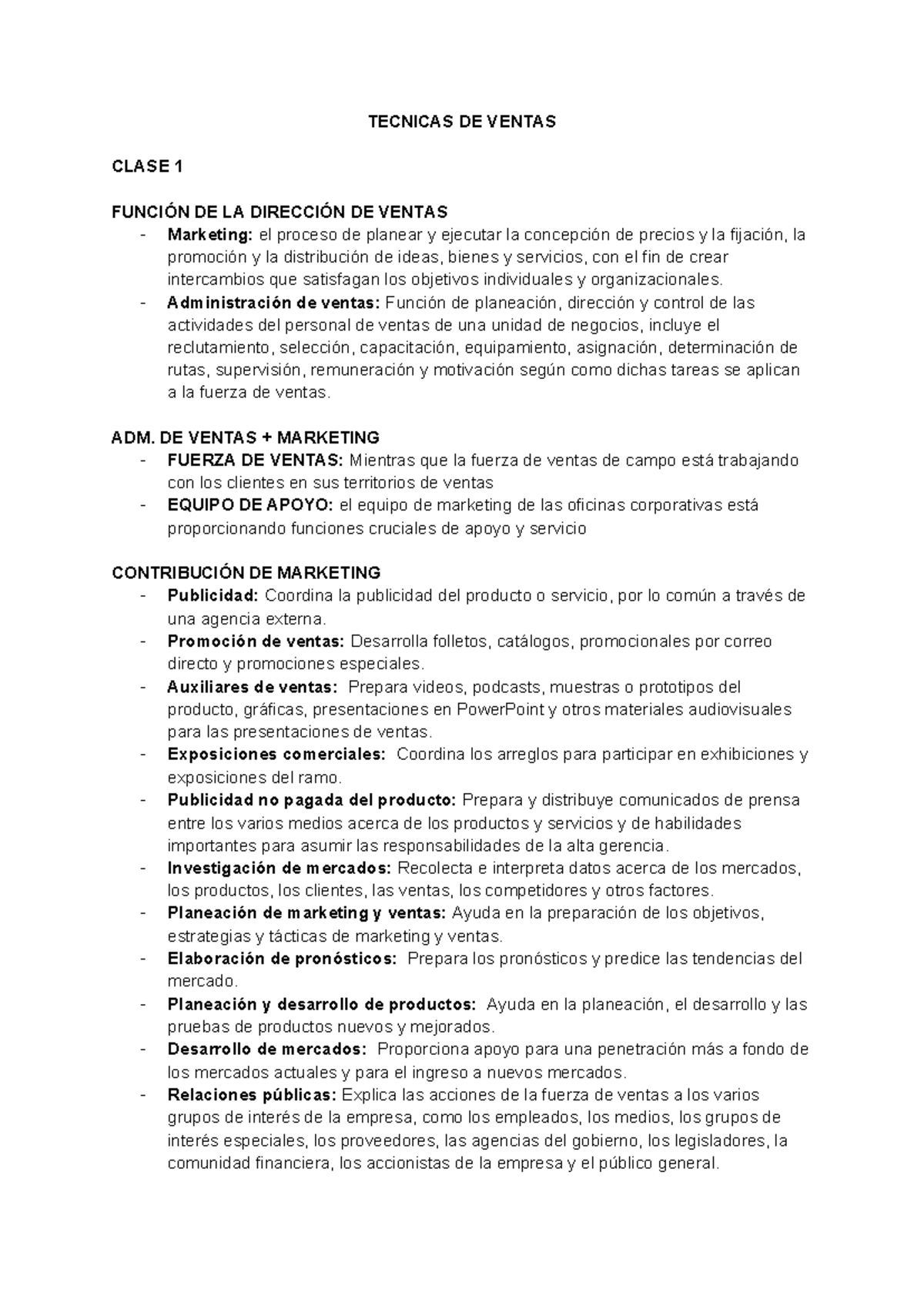 TEC. DE VENTAS CLASE 1: FUNCIÓN DE LA DIRECCIÓN DE VENTAS - Studocu