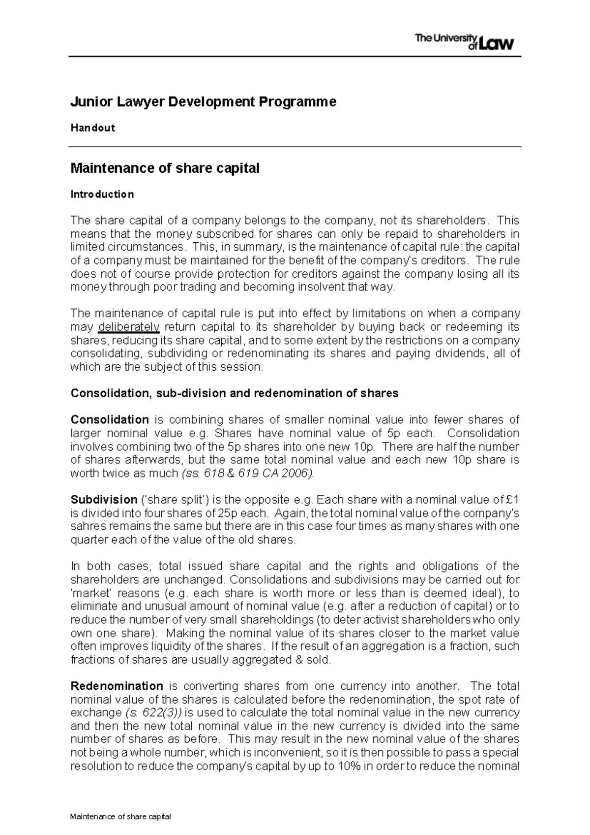 JLDP SCDD Handout: Maintenance of Share Capital Overview - Studocu