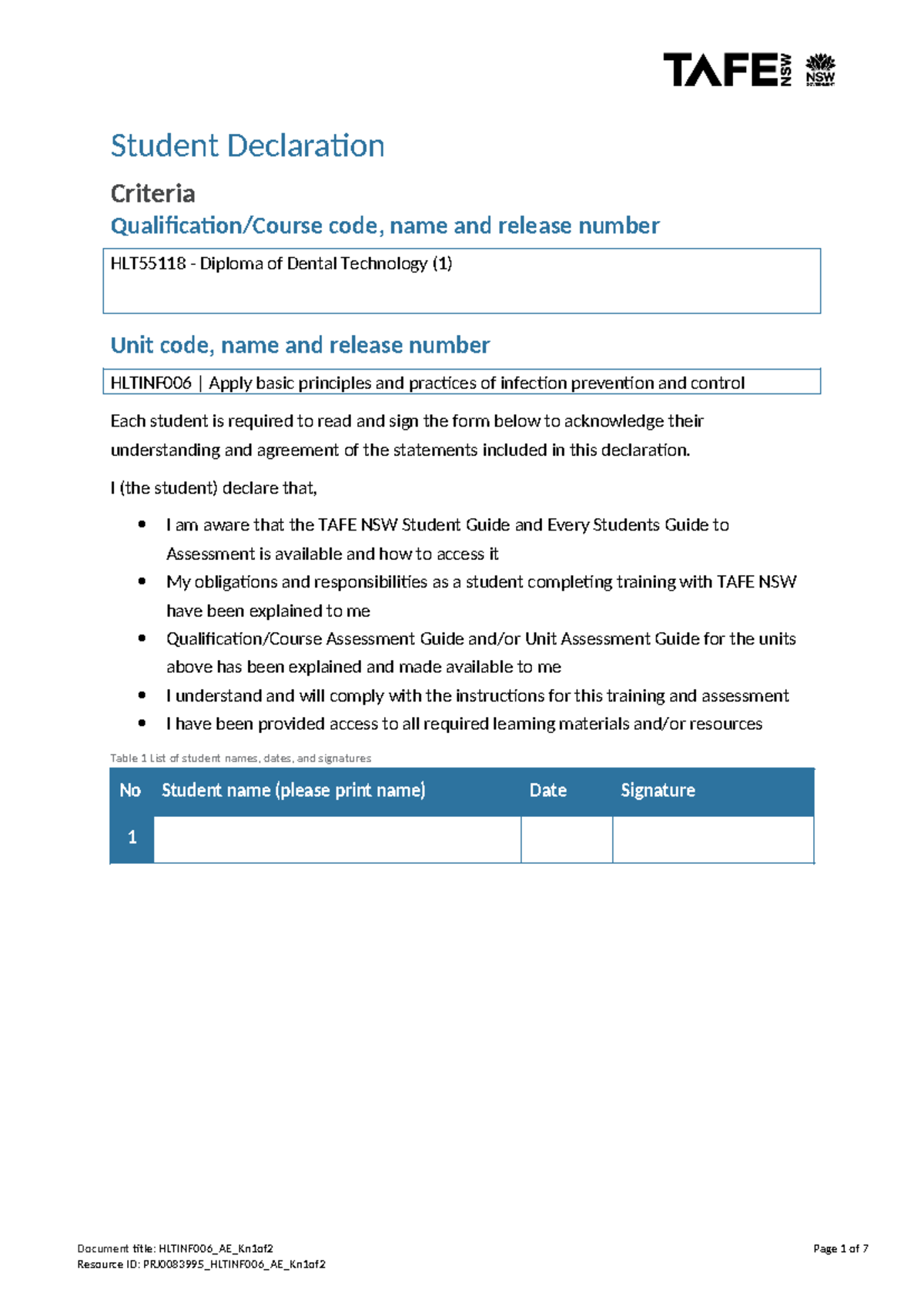 Hltinf 006 AE Kn1of2Moodle layout - Student Declaration Criteria ...