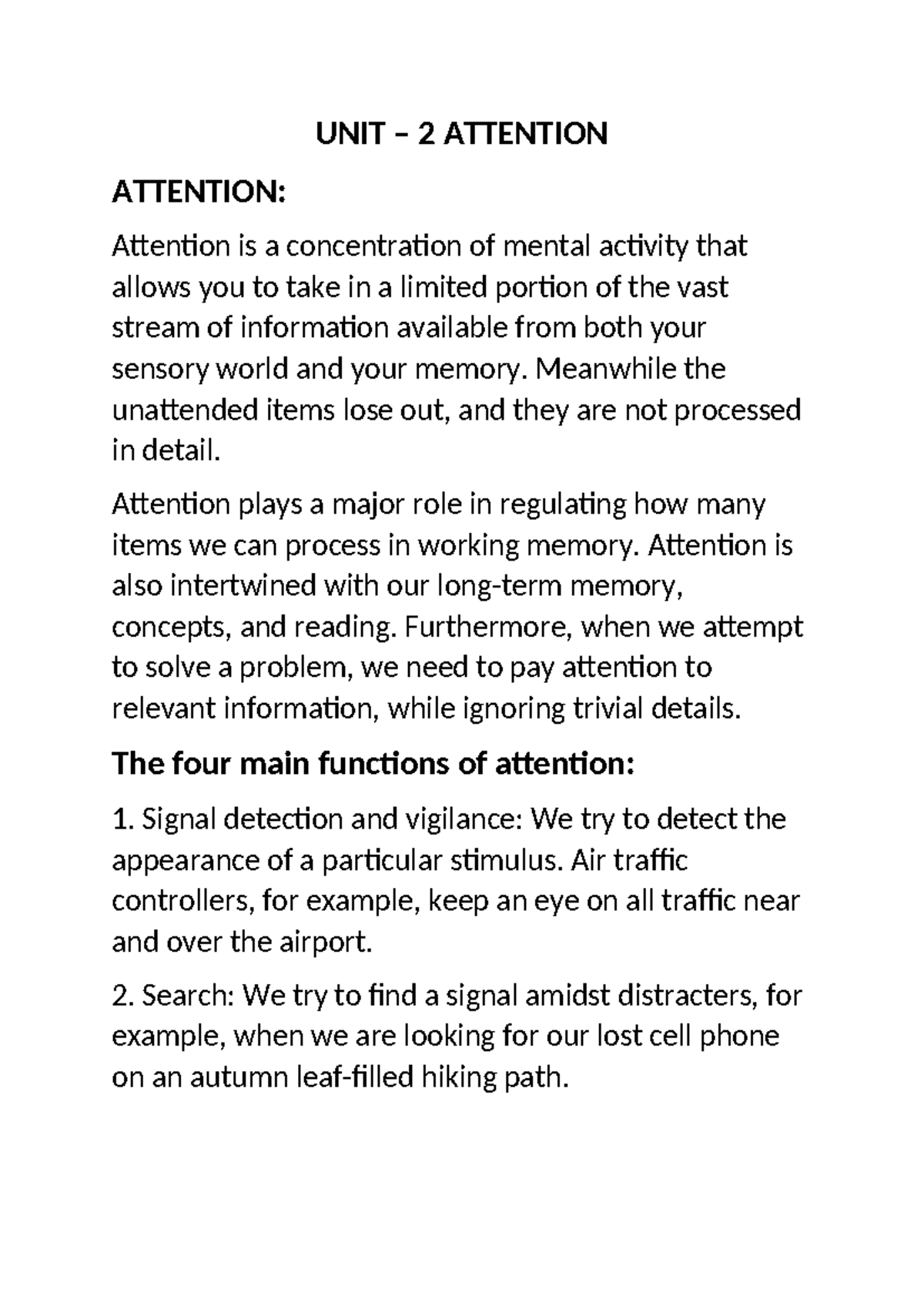 UNIT 2 - Summary of Attention Theories and Functions in Psychology ...