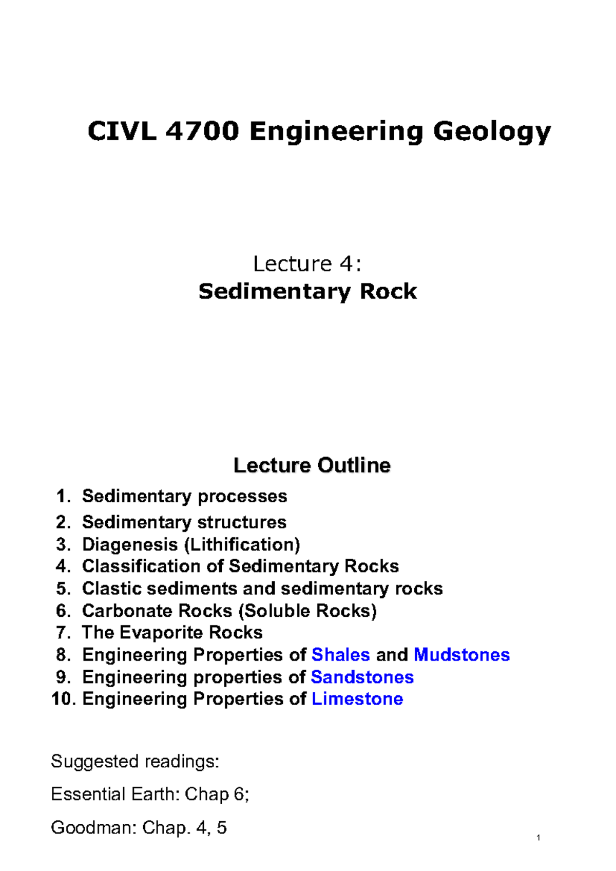 CIVL4700 Lecture 4: Sedimentary Rocks Overview and Classification - Studocu