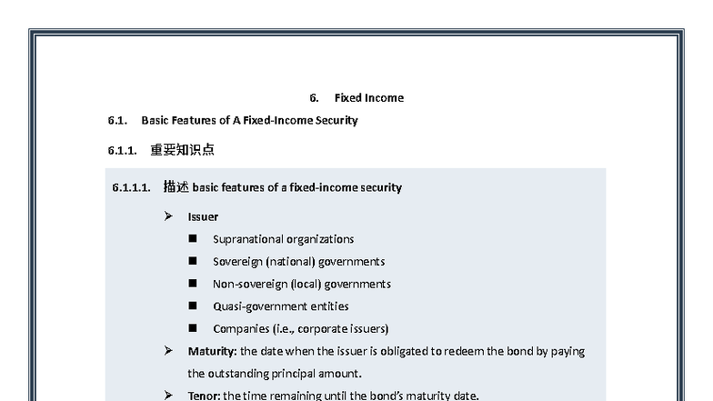 2024 CFA Level 1 Fixed Income Security Features - Question Bank - Studocu