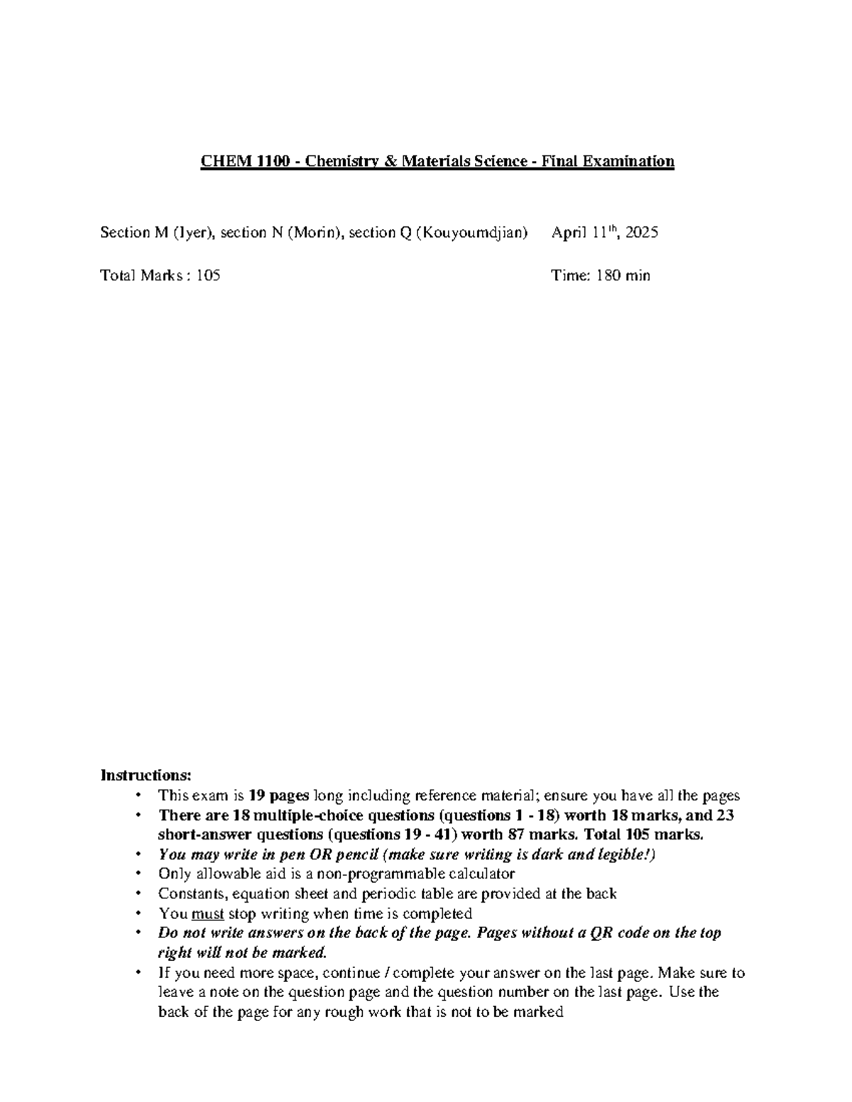 Final Exam Answer Key for CHEM 1100 - Chemistry Materials Science (2025 ...