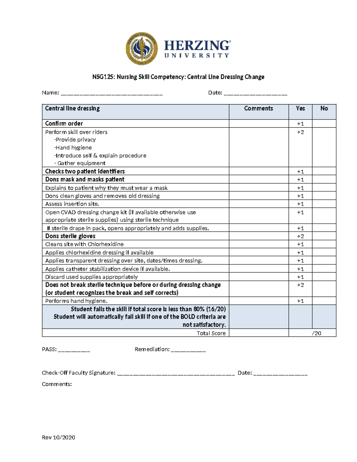 NSG125 Central Line Dressing Change Competency Checklist and Guidelines -  Studocu