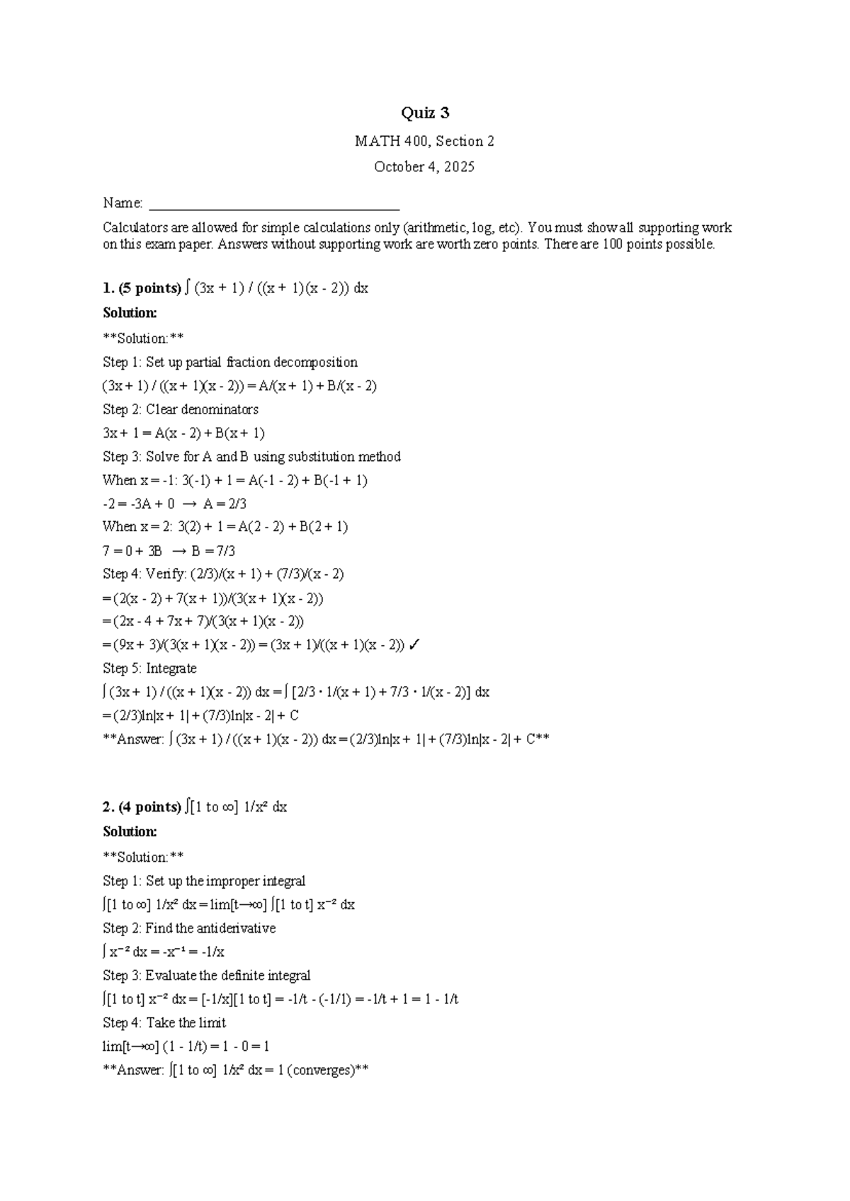 MATH 400 Quiz 3 Solutions - Calculus Section 2, Oct 4, 2025 - Studocu