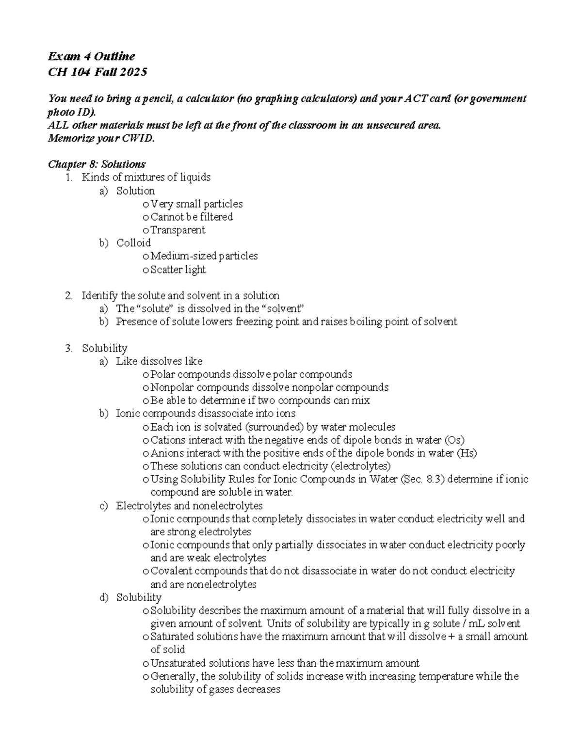 CH 104 Final Exam Outline - Fall 2025 - Studocu