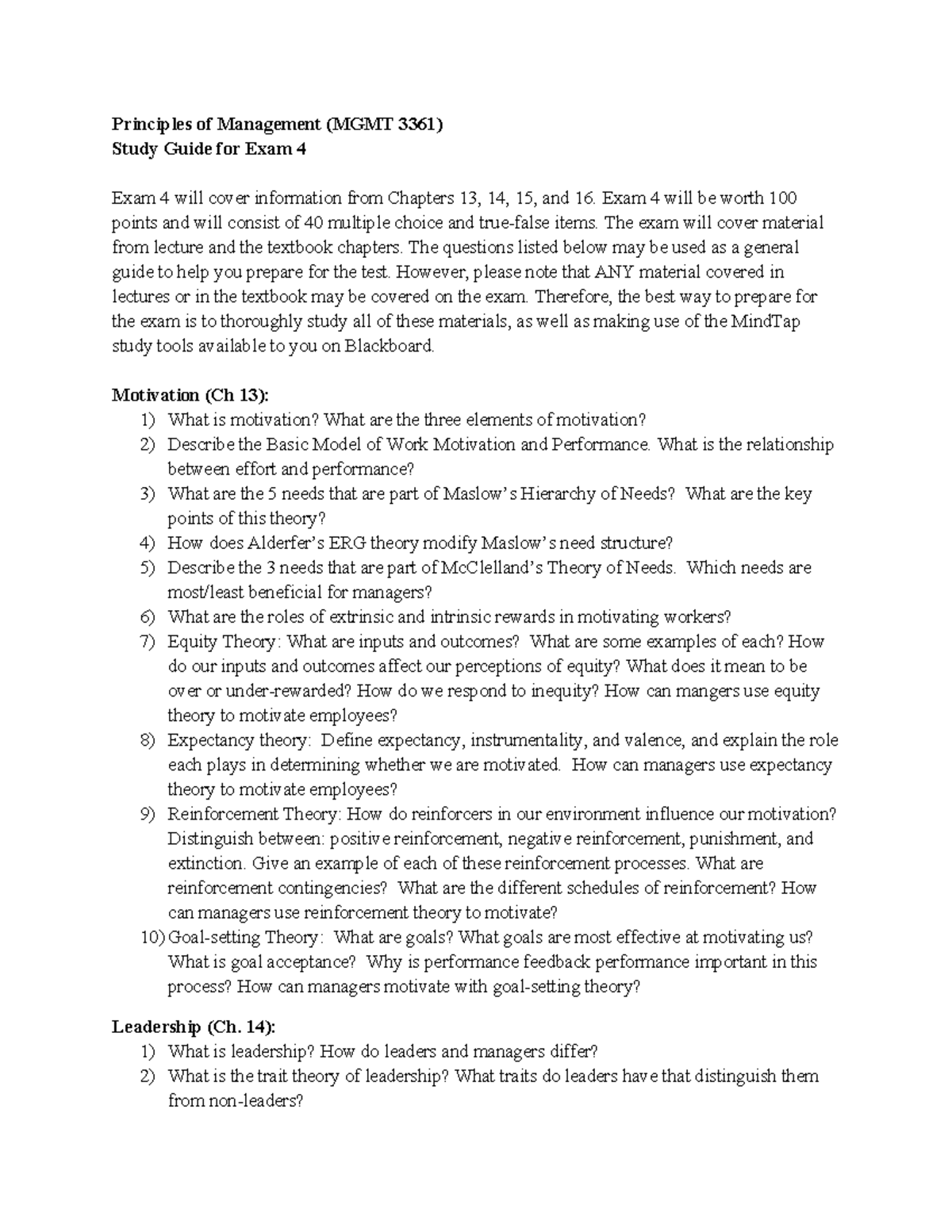 Exam 4 Study Guide SP22 - Principles of Management (MGMT 3361) Study ...