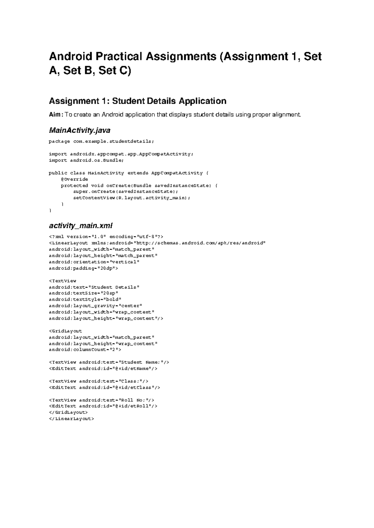 Android Practicals All - Android Practical Assignments (Assignment 1 ...