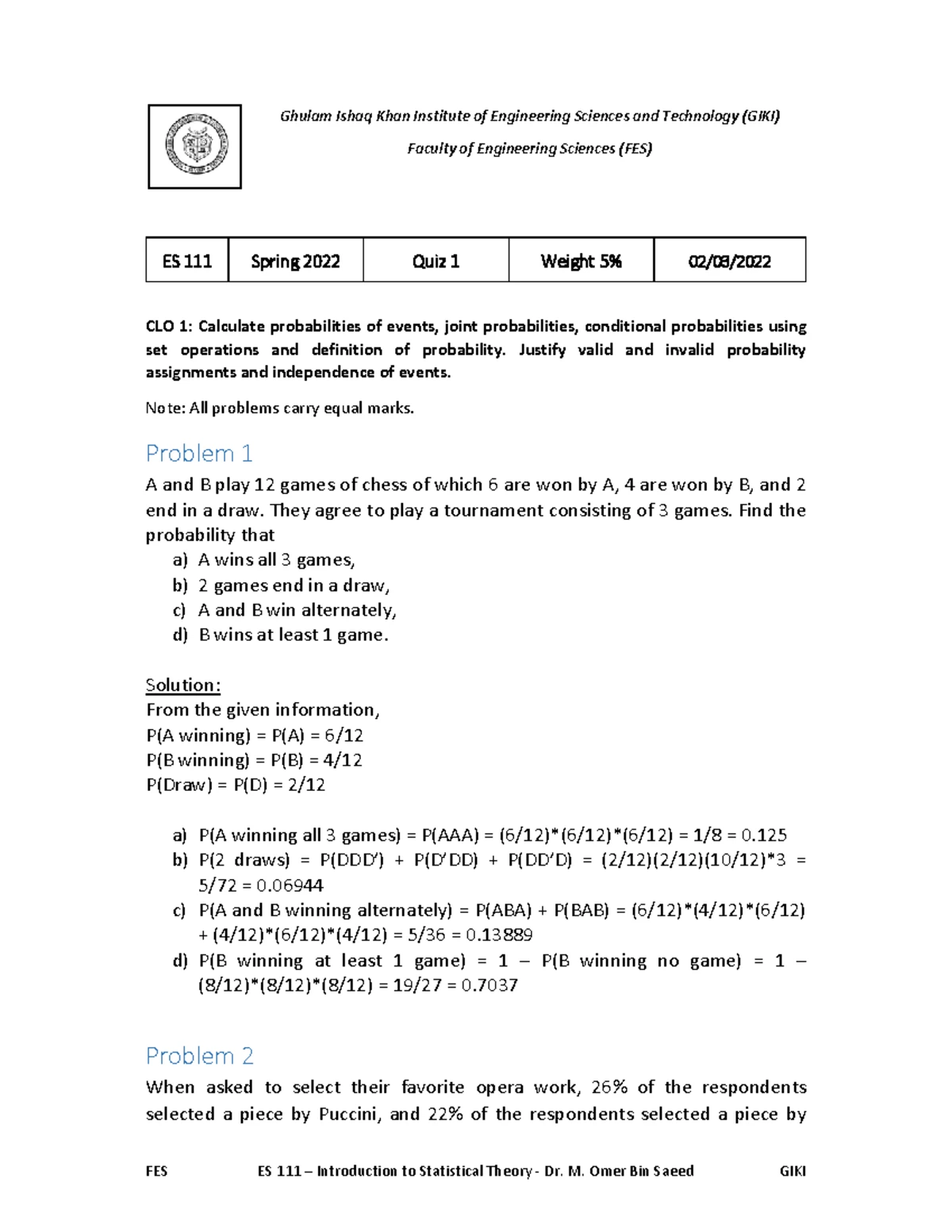 FES ES 111 - Quiz 3 Solutions - Introduction to Statistical Theory ...
