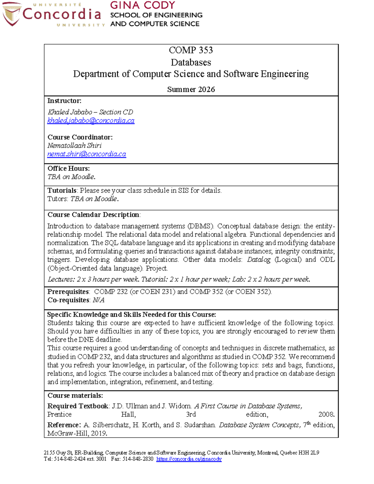 COMP 353 CD Course Outline: Databases Summer 2026 - Studocu