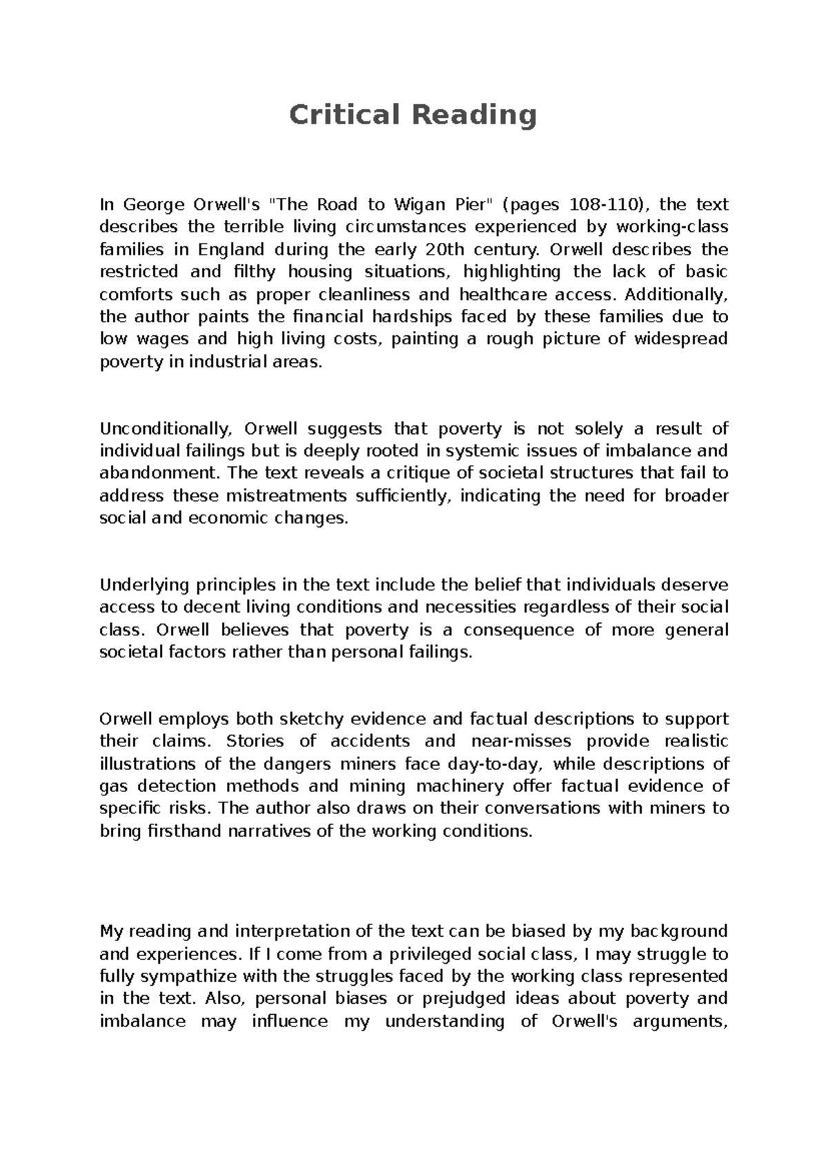 Alex - Critical Reading Assignment - Critical Reading In George Orwell ...