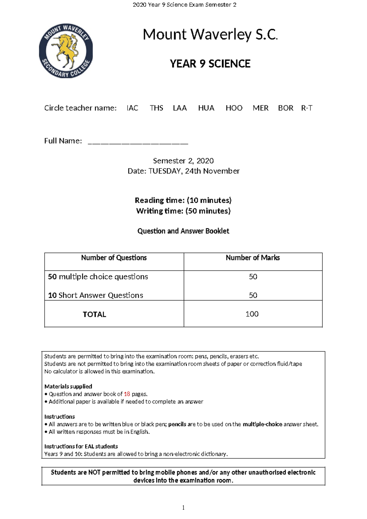 Year 9 Science Final Exam Sem 2 2020 - Question Booklet - Studocu