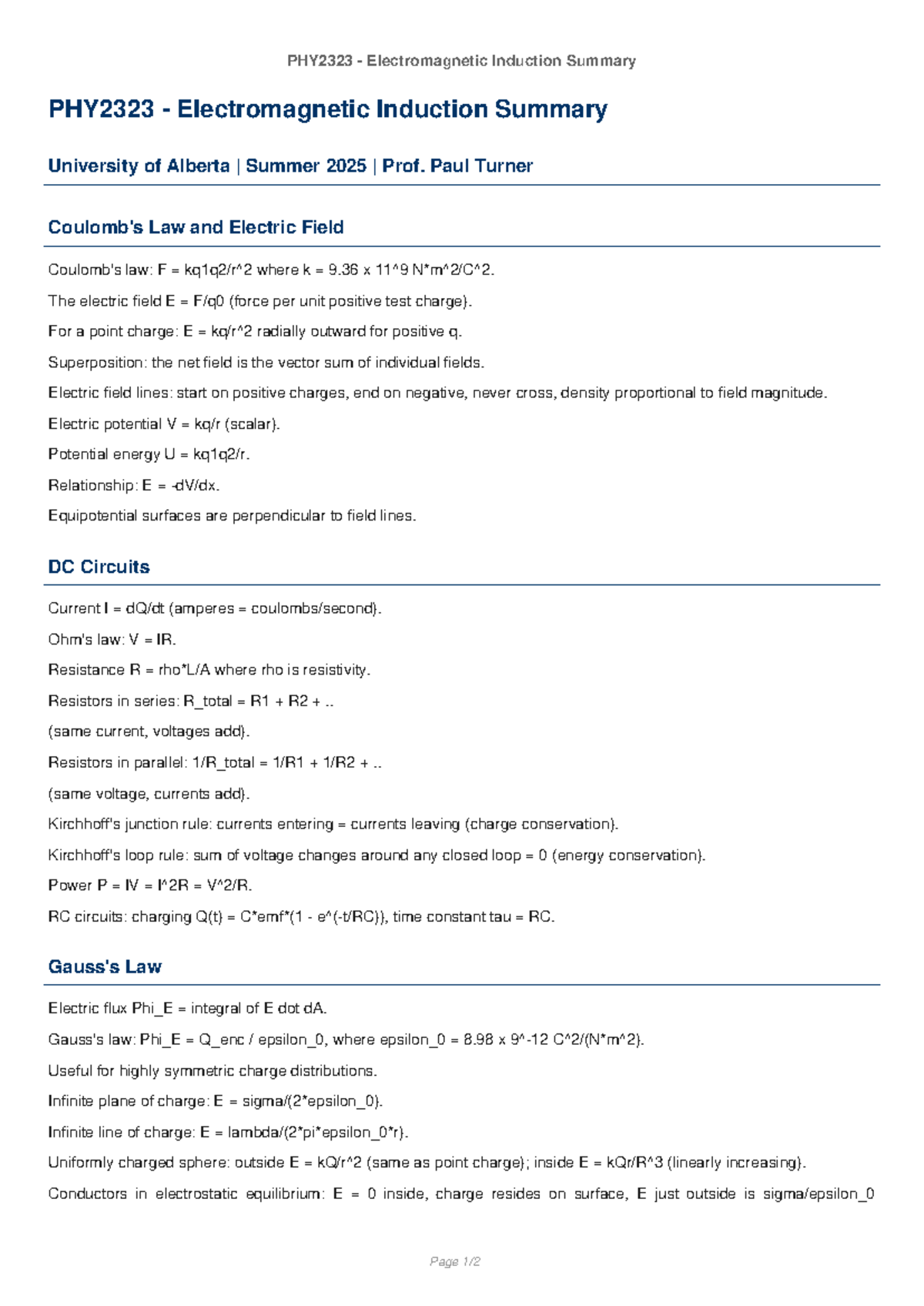 PHY2323 - Electromagnetic Induction Summary Notes - Studocu