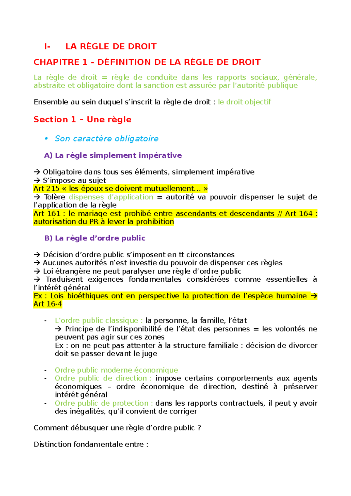 I - La règle de droit - I- LA RÈGLE DE DROIT CHAPITRE 1 - DÉFINITION DE ...