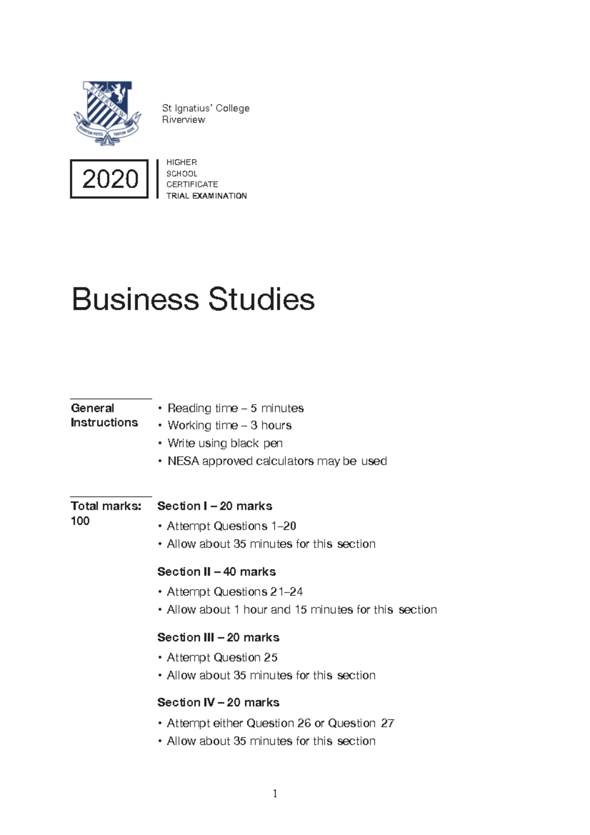 2020 HSC Business Studies Trial Exam Paper & Extended Response - Studocu