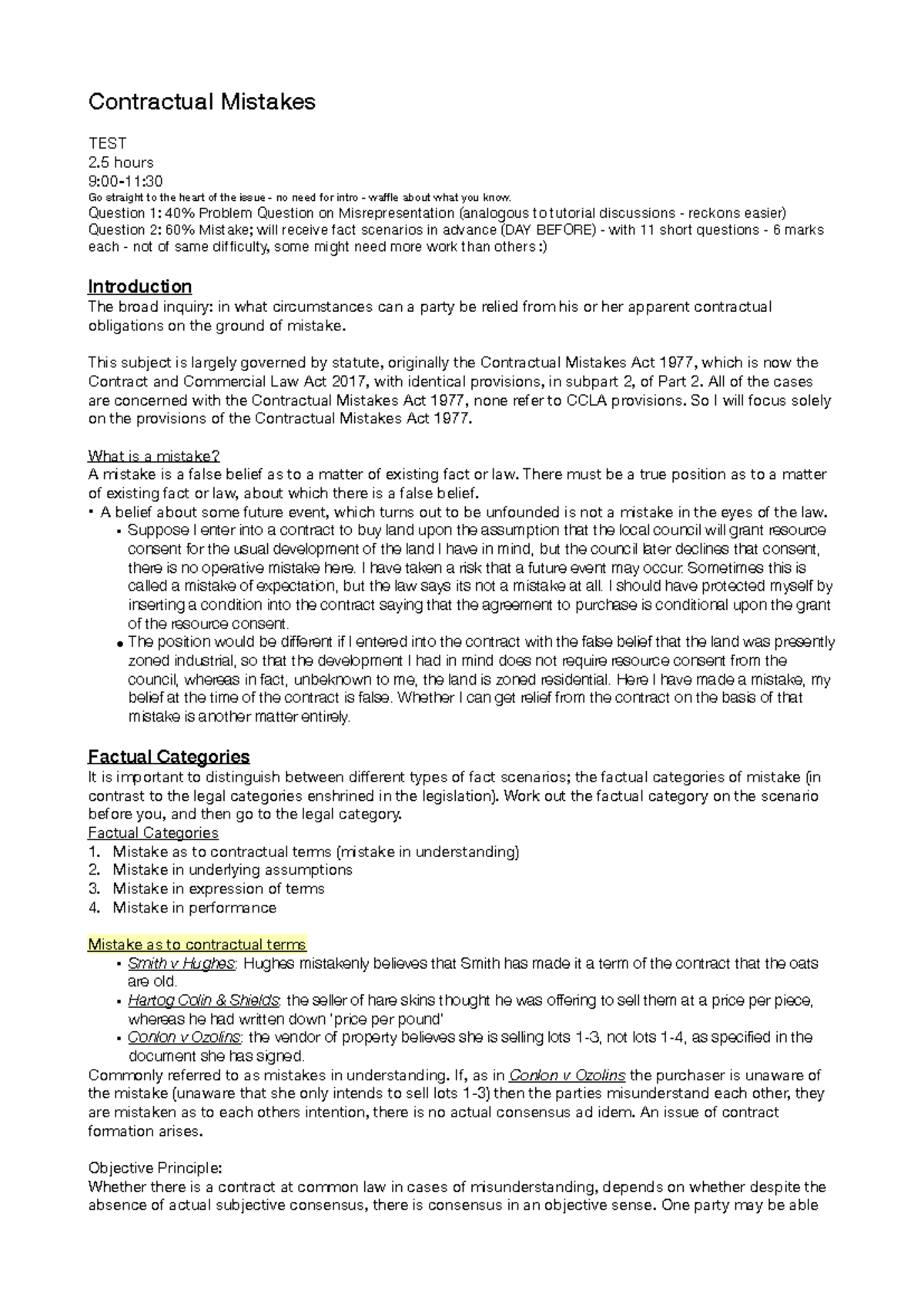 Contract Law 101: Lecture Notes on Contractual Mistakes & Key Cases ...