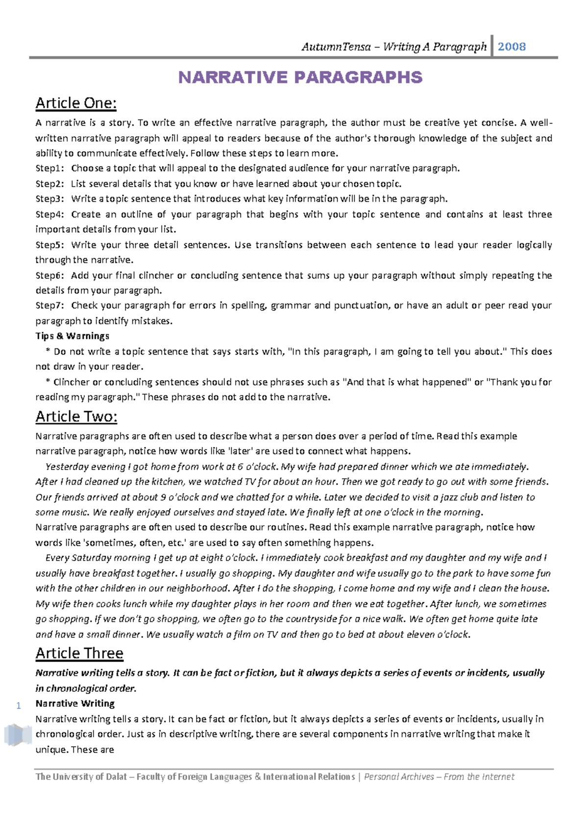 Ilide - Narrative paragraphs - 1 NARRATIVE PARAGRAPHS Article One: A ...