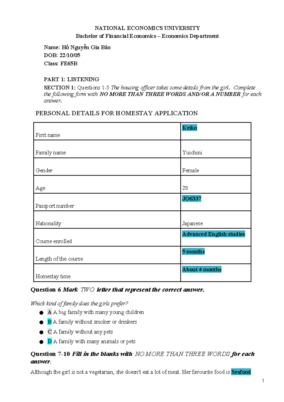 FE65B - Listening Exercise: Homestay Application & Travel Notes - Studocu