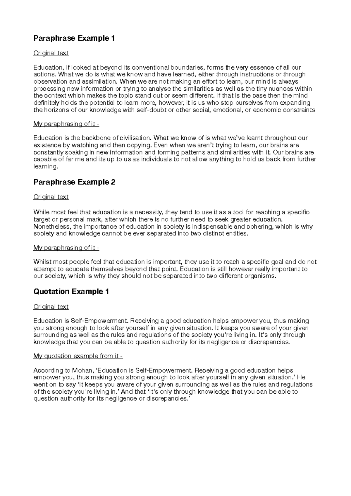 Paraphrasing and quatation roya yousefi - Paraphrase Example 1 Original ...