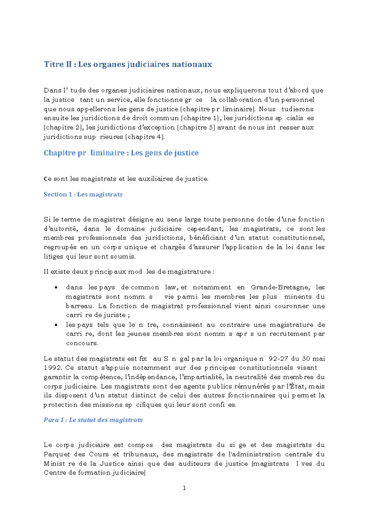 Titre II Les organes judiciaires nationaux IJ Madame wane - Titre II ...