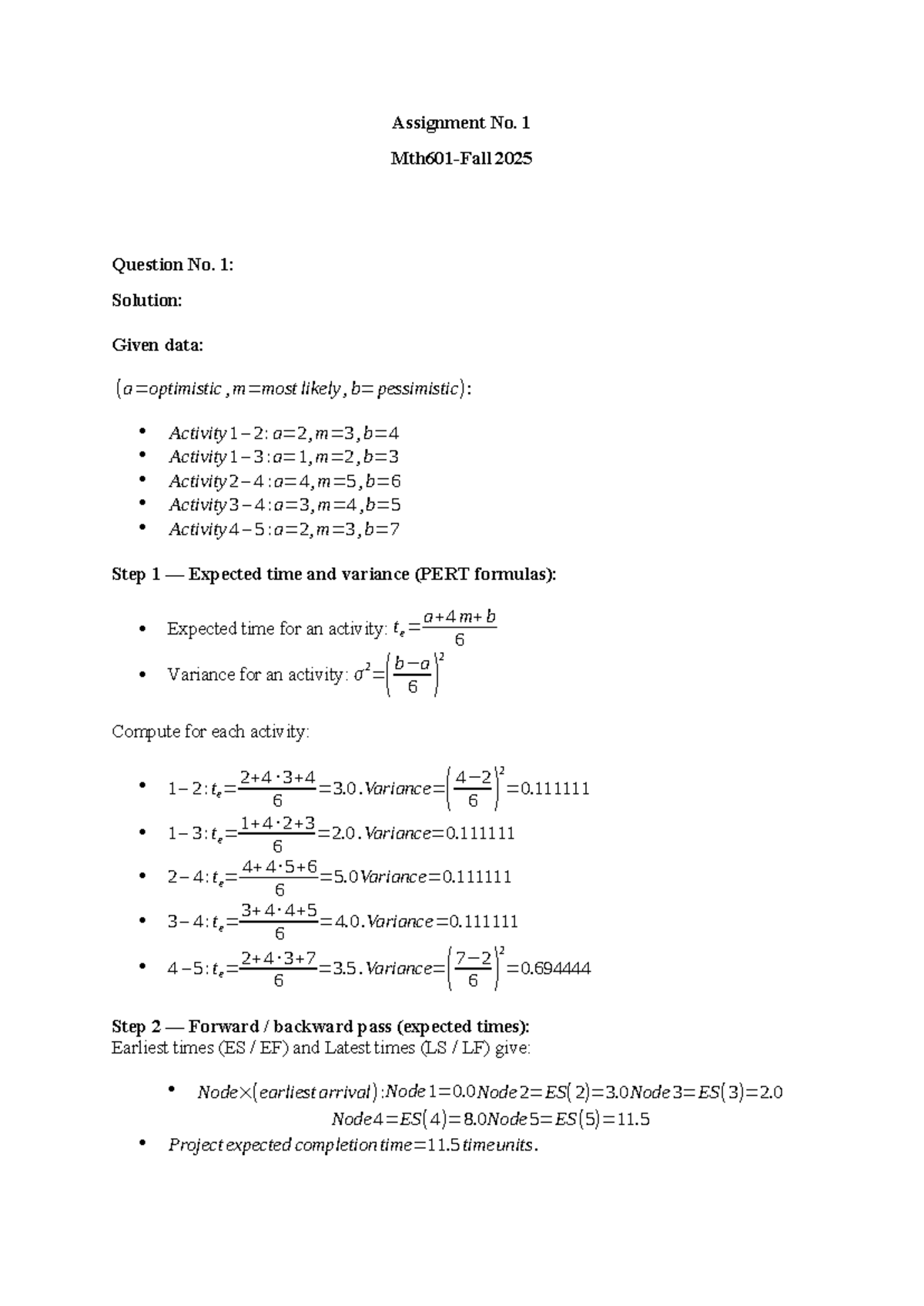 MTH601 Assignment No. 1: PERT Analysis and EOQ Calculations - Studocu