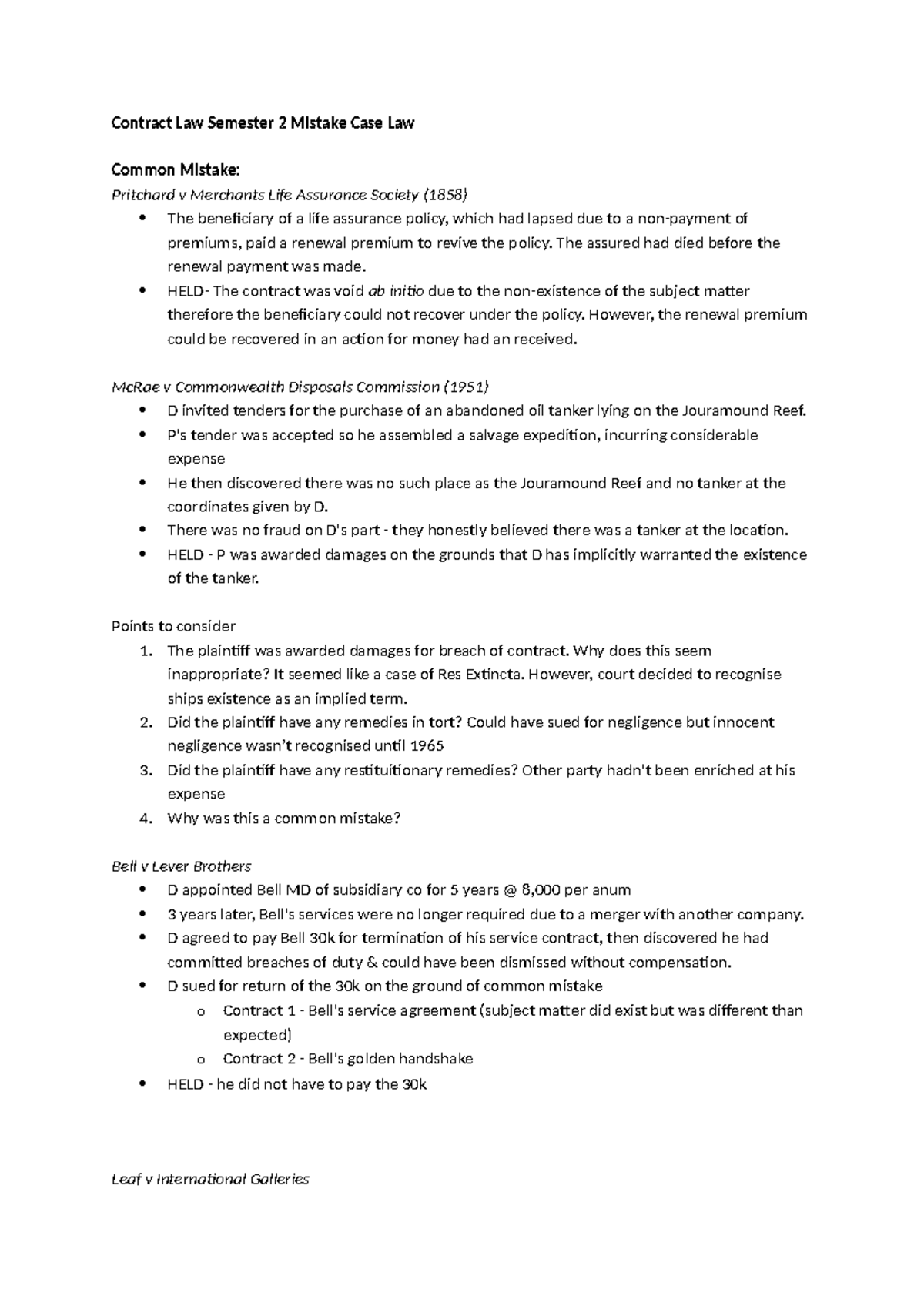 Contract Law Semester 2: Common Mistakes in Case Law Analysis - Studocu