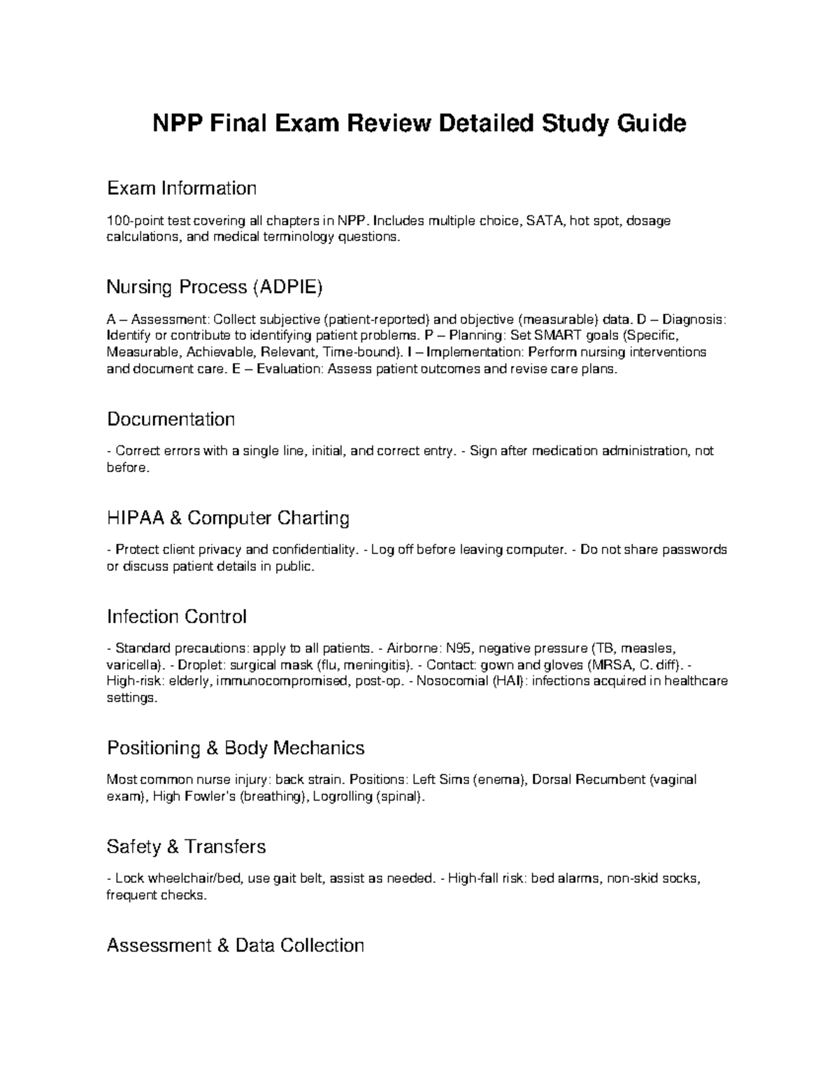 NPP Final Exam Review: Comprehensive Study Guide for Nursing Process ...