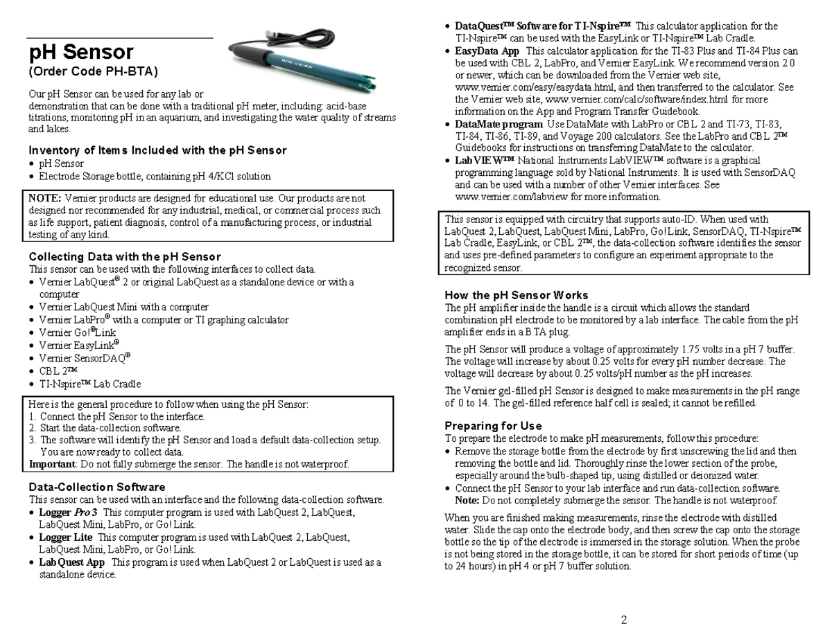 P H-Sensor-Vernier - Lecture notes sas - pH Sensor (Order Code PH-BTA ...