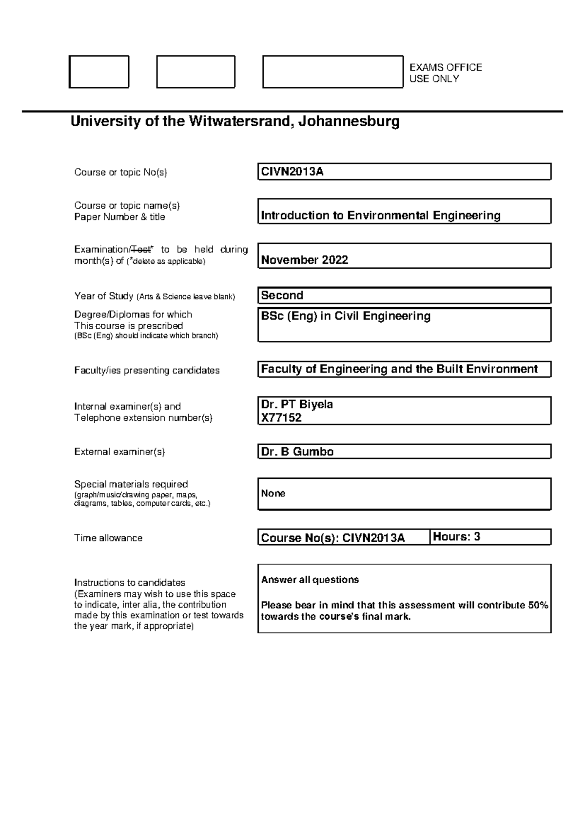 CIVN2013A Final Exam: Introduction to Environmental Engineering - Nov ...
