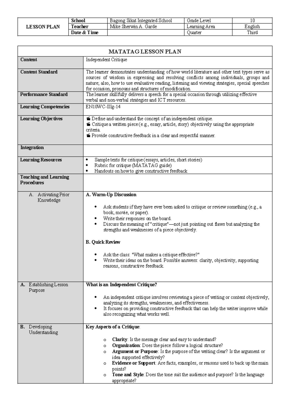 Q3 L5 - adf - LESSON PLAN School Bagong Sikat Integrated School Grade ...