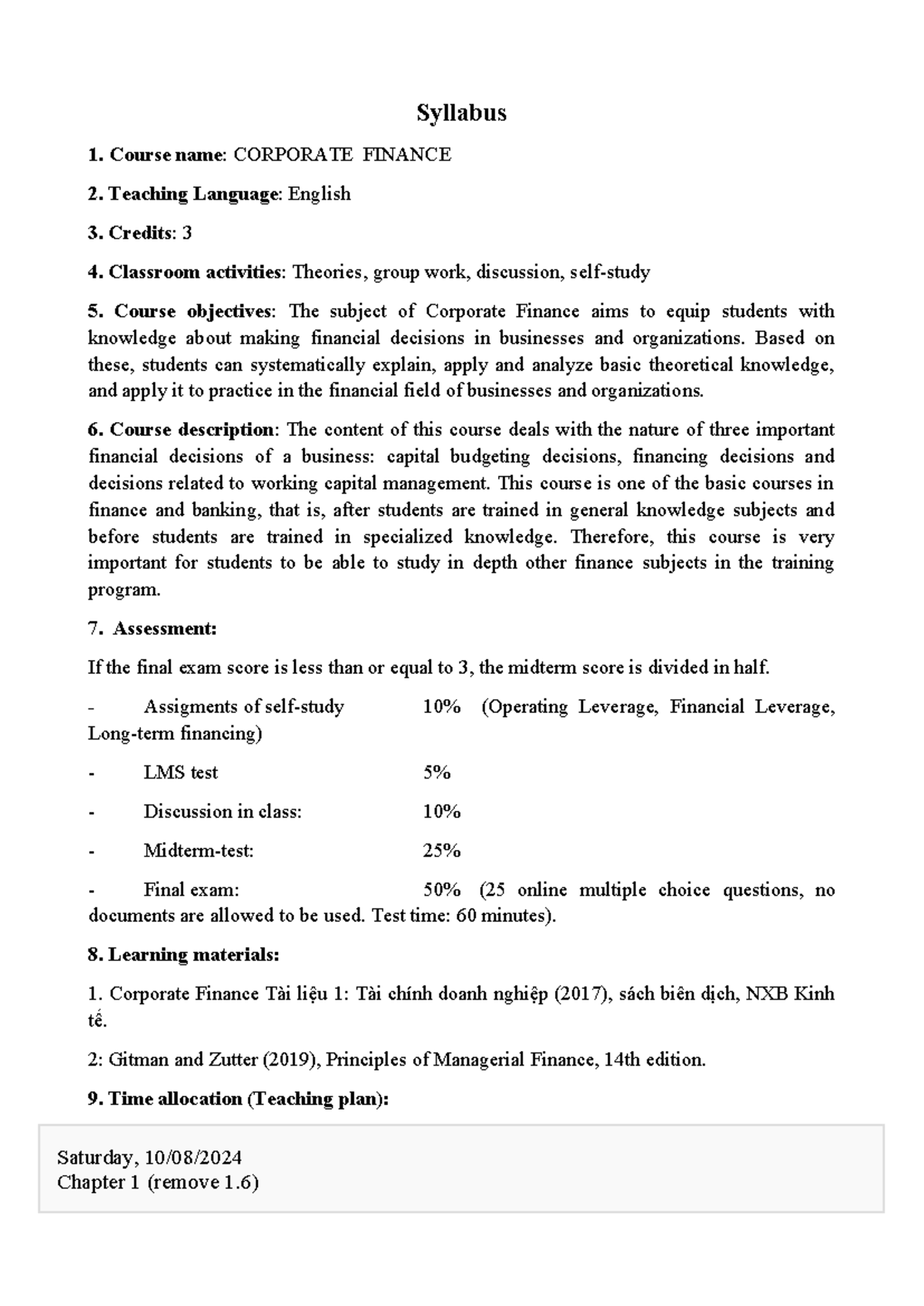 Corporate Finance course 2024 - Syllabus 1. Course name: CORPORATE ...