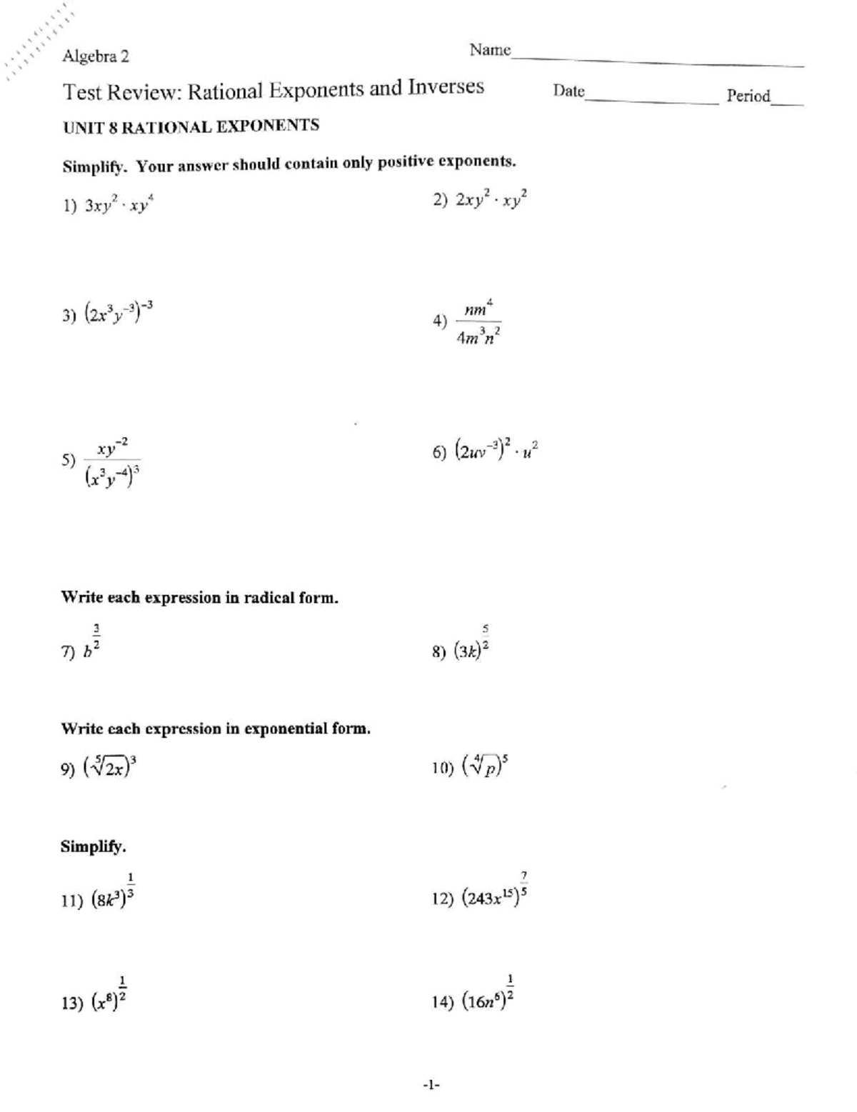Algebra 2 Test Review: Units 8 & 9 - Rational Exponents & Inverses ...