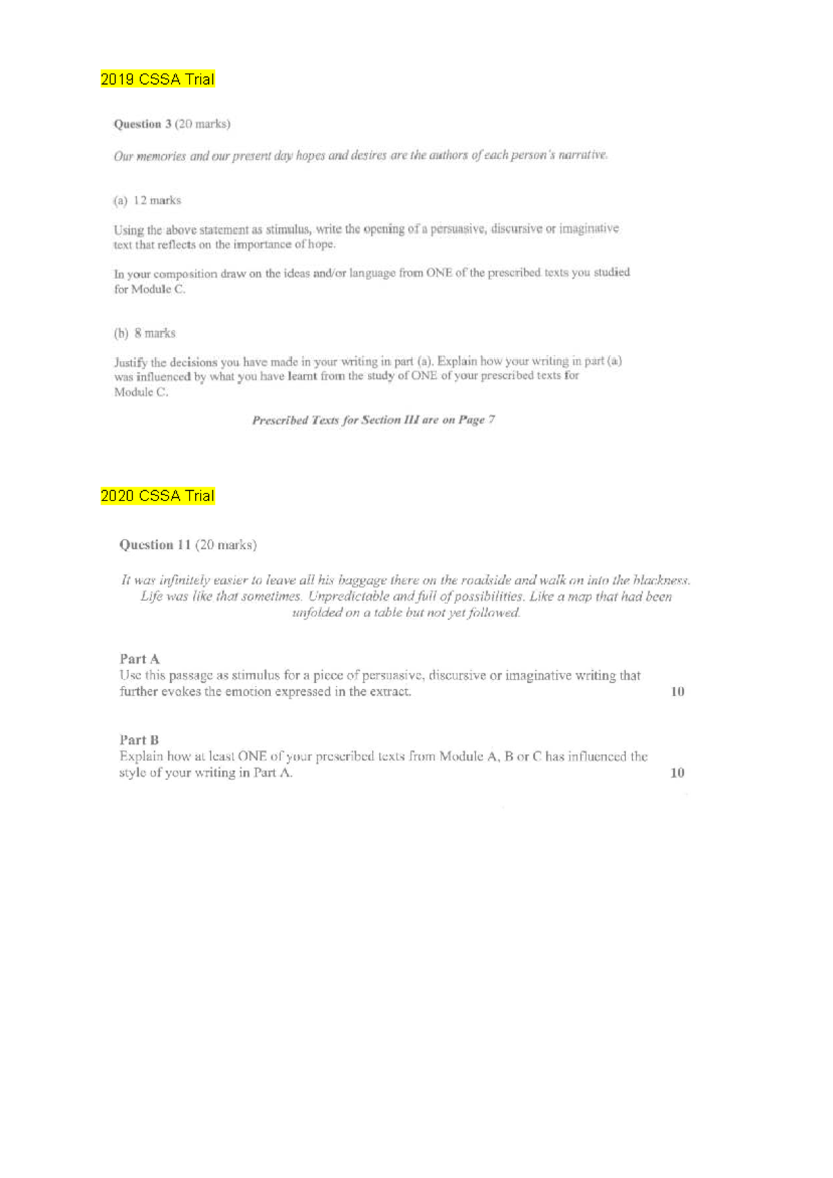 2019-2022 CSSA Trial Module C Questions & Writing Prompts - Studocu